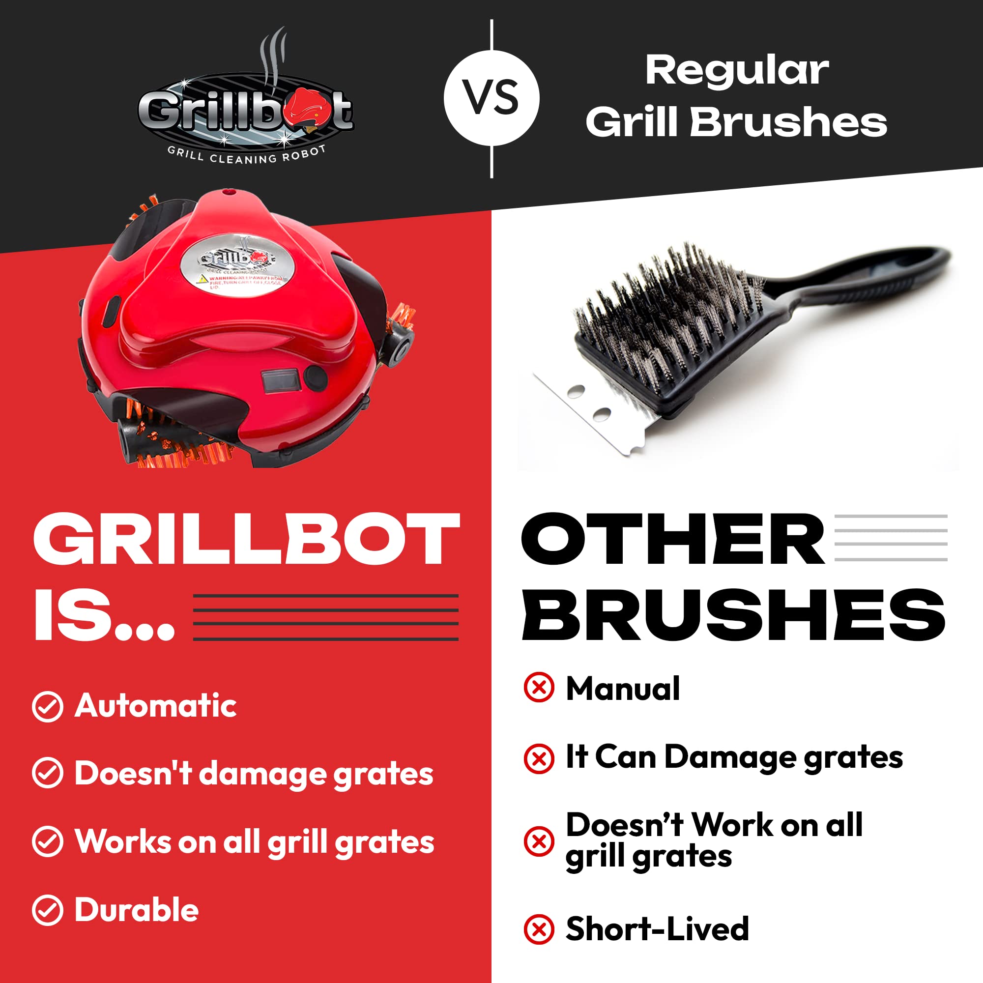 Grillbot Automatic BBQ Grill Cleaner Robot with Durable Nylon Brushes - Electric Grill Scraper & Brush for Outdoor Cooking Accessories (Red) - Perfect for Backyard BBQs, Camping & Patio Parties