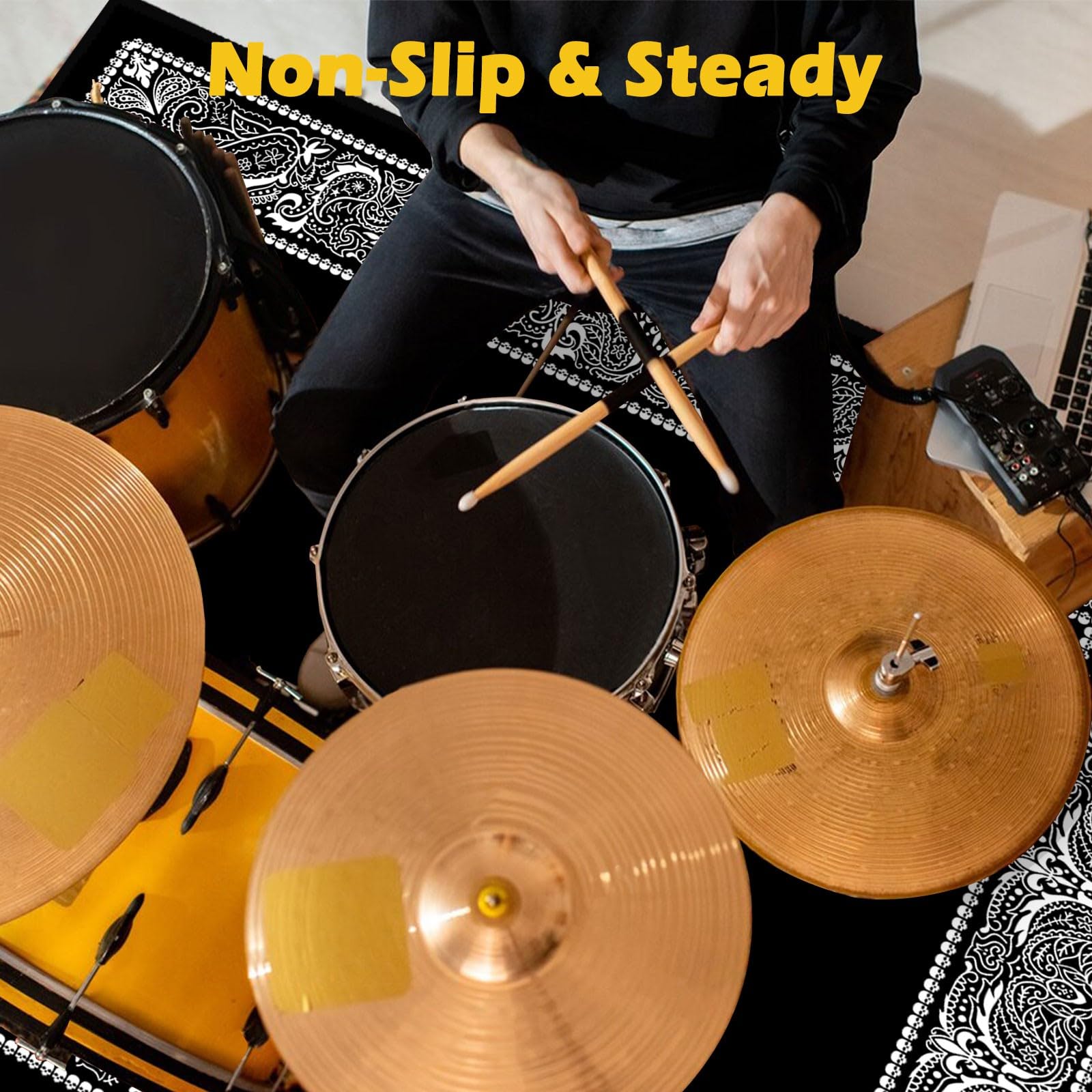 4x6ft Drum Rug with Non-Slip Bottom - Soundproof Drum Set Carpet for Electric Drums, 47x71in Drum Floor Mat - Perfect Drum Accessories & Gift for Drummers (Black) - Ideal for Home Studios, Live Performances & Practice Rooms