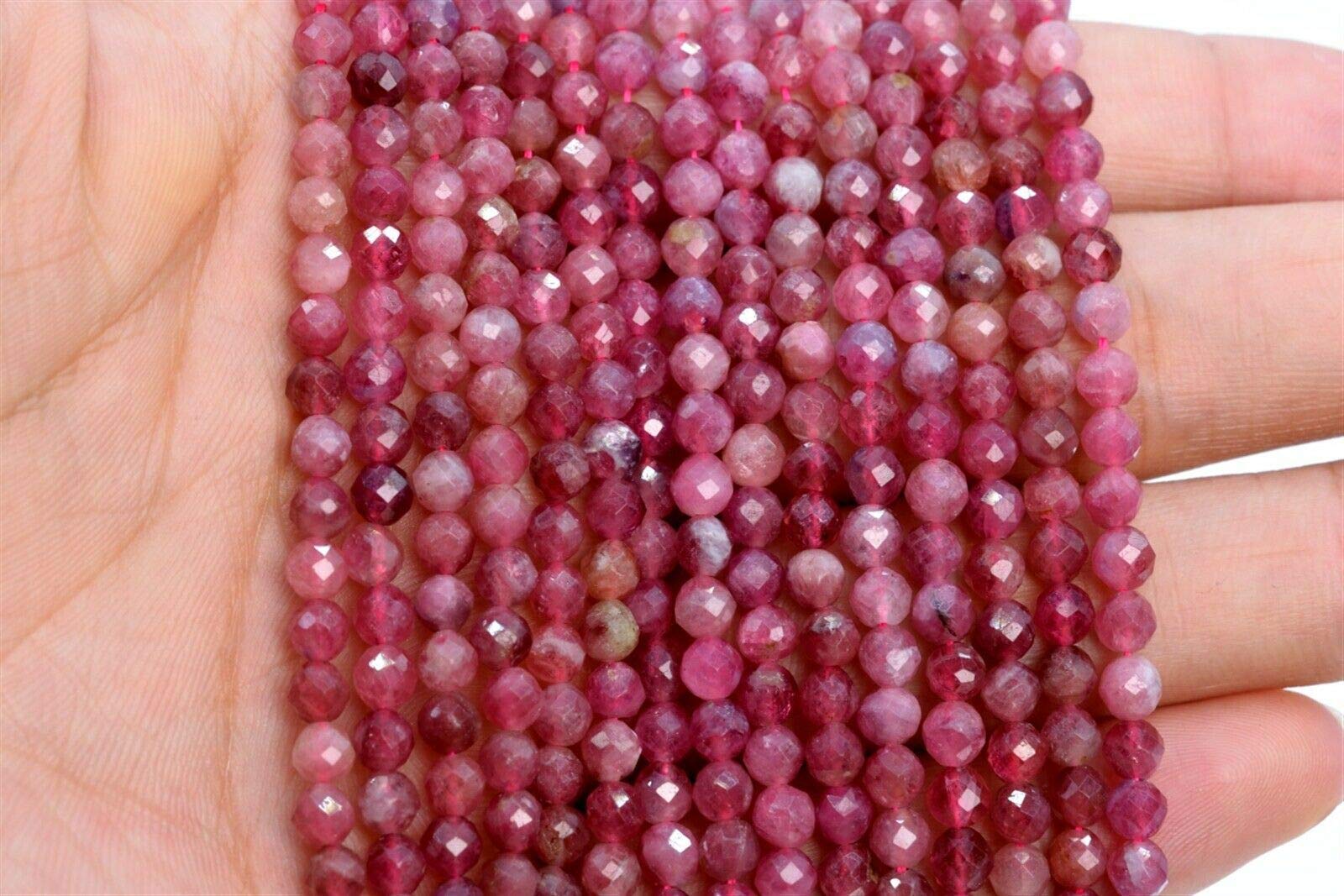 3-4mm Genuine Natural Pink Tourmaline Beads from Brazil - AAA Quality Faceted Round Loose Stone Beads (7.5 Inch Strand) for Jewelry Making, DIY Bracelets & Necklaces