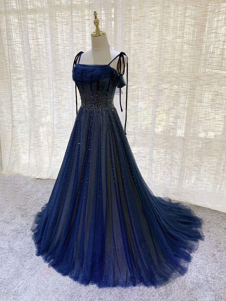 Elegant Dark Blue Tulle Sequin Long Prom Dress A-Line Formal Gown for Homecoming, Quinceañera & Evening Parties - J2635 | Perfect for Prom Night, Birthday Celebrations & Special Occasions