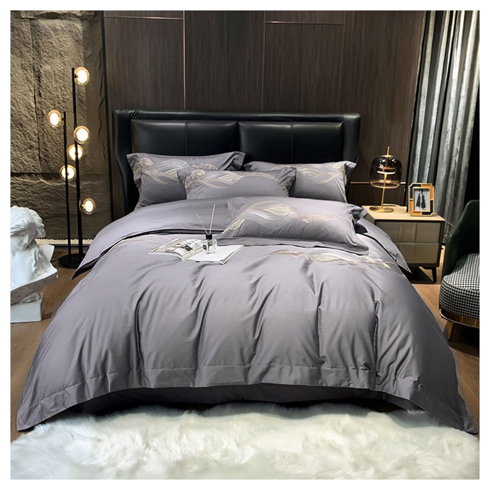 Premium 100% Long-Staple Cotton 4-Piece Bedding Set - Solid Grey Quilted Embroidery Duvet Cover with Pillowcases (1.5m/Queen Size) for Luxury Home Decor & Guest Room Bedding