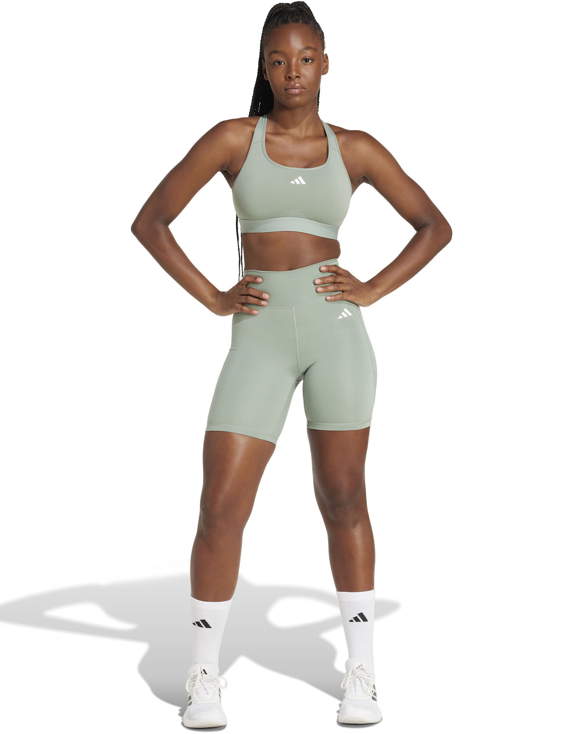 Optime Essentials Stash Pocket 7 Inch Short Leggings for Women - Silver Green/White - Workout, Running, Yoga & Lounge Wear