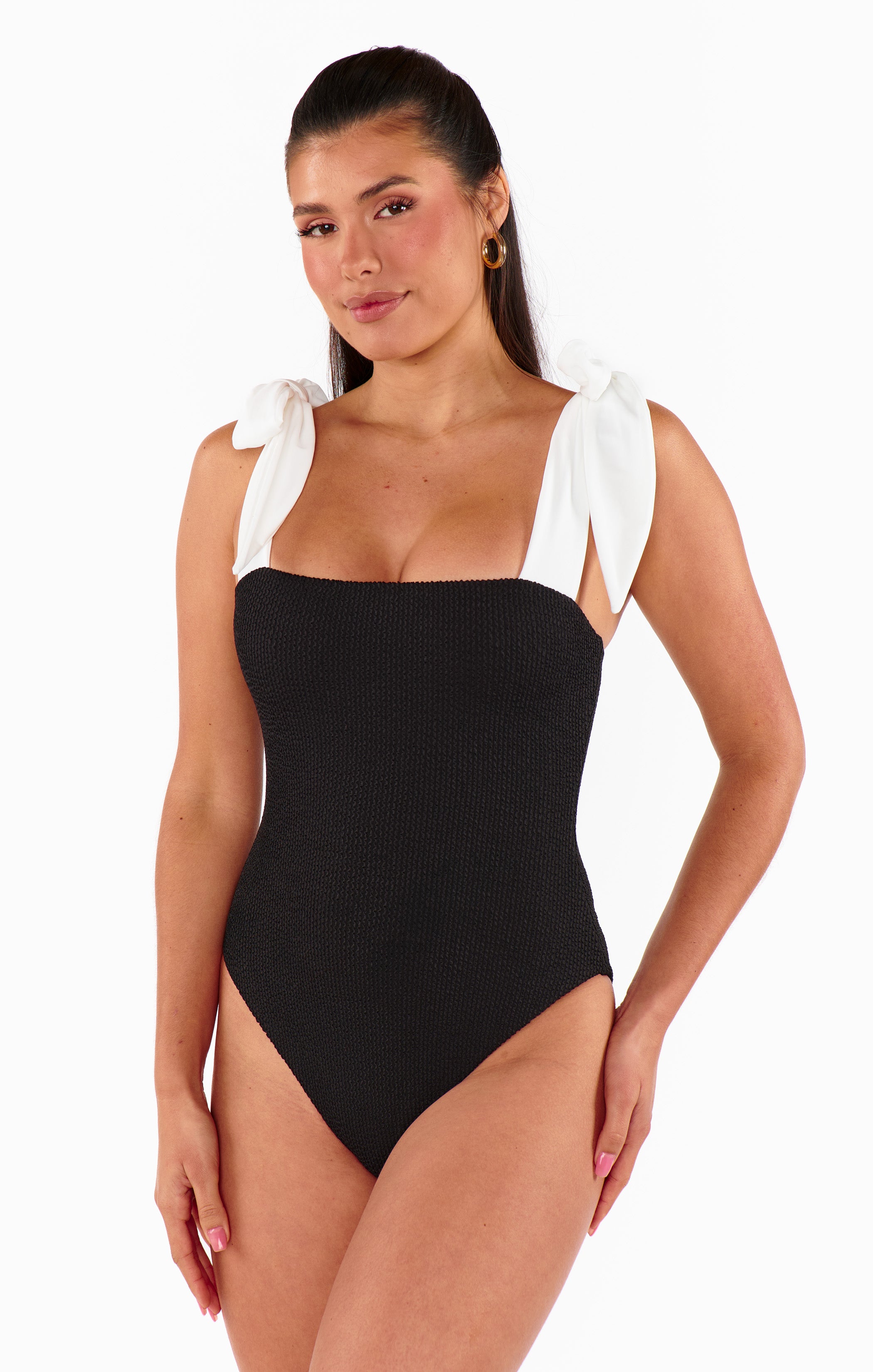 Hudson One Piece Swimsuit - Black Scrunch Bikini with White Bow | High Waisted Bathing Suit for Women | Perfect for Beach, Pool & Summer Vacations