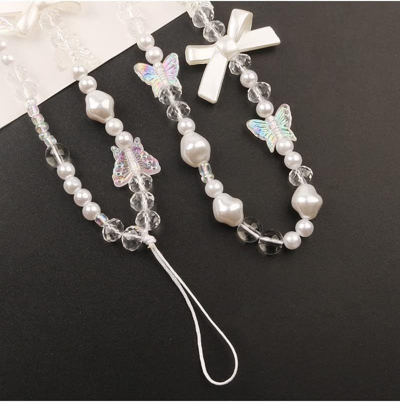 Fashionable Pearl Beaded Phone Lanyard with Bow & Butterfly Charm - Universal Anti-Lost Wrist Strap for Women & Girls - Perfect for iPhone, Samsung, Keys & Wallet Accessories - Great for Work, Travel & Everyday Use