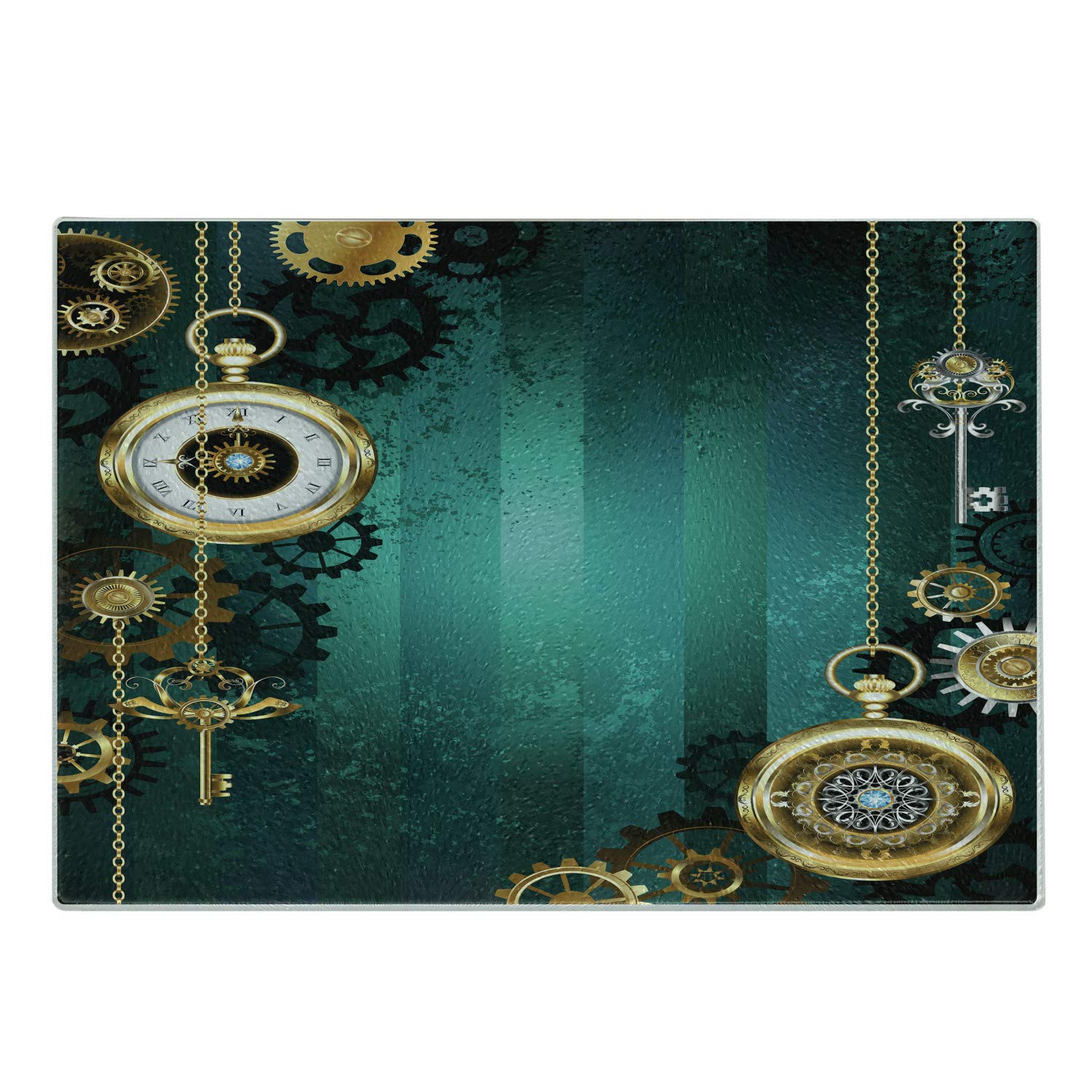 Ambesonne Steampunk Themed Industrial Cutting Board - Antique Watches, Keys & Chains Design - Decorative Tempered Glass Serving Board - Small Size Multicolor - Perfect for Kitchen Prep, Charcuterie Display & Unique Home Decor