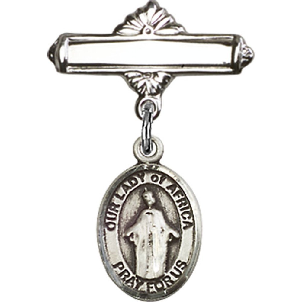1 X 5/8 Inch Sterling Silver Baby Badge with Our Lady of Africa Charm - Polished Pin for Christening, Baptism & First Communion Gifts
