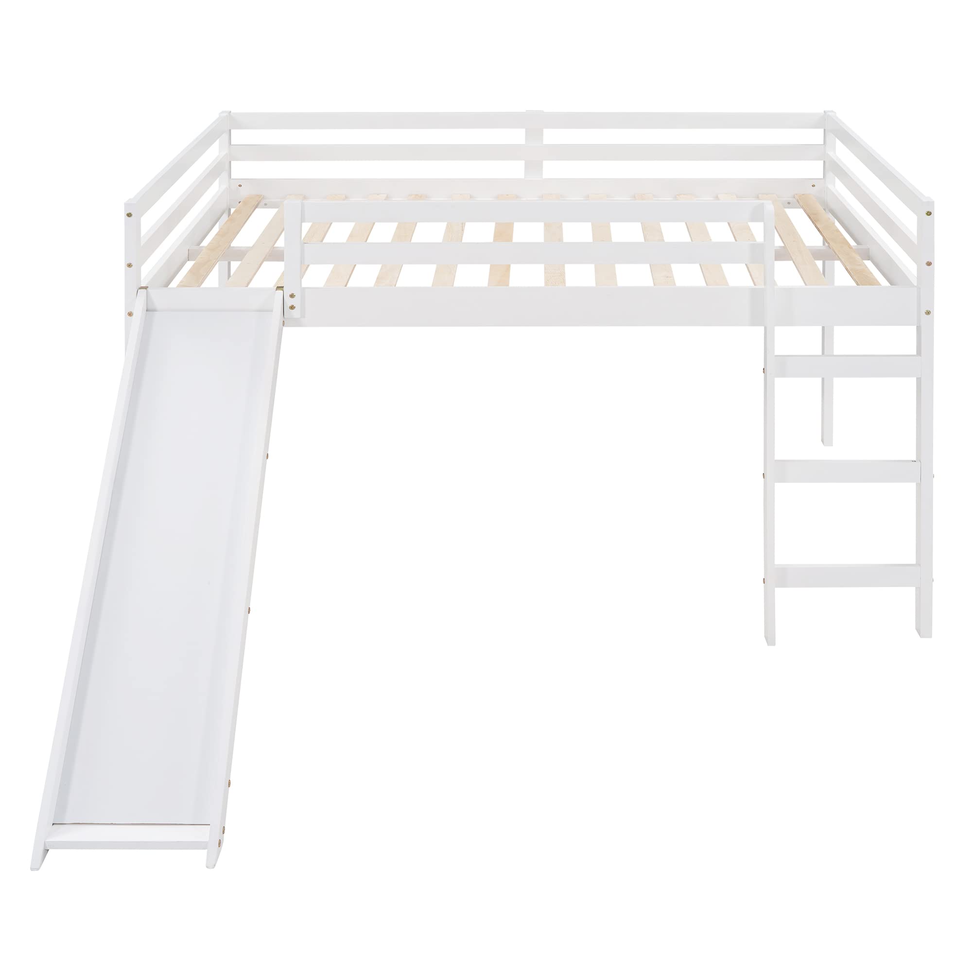 LZ LEISURE ZONE Full Size Wooden Loft Bed with Slide - Sturdy Low Profile Loft Bed Frame for Kids, Teens, Boys & Girls - No Box Spring Required - White - Perfect for Small Bedrooms, Playrooms & Dorm Rooms