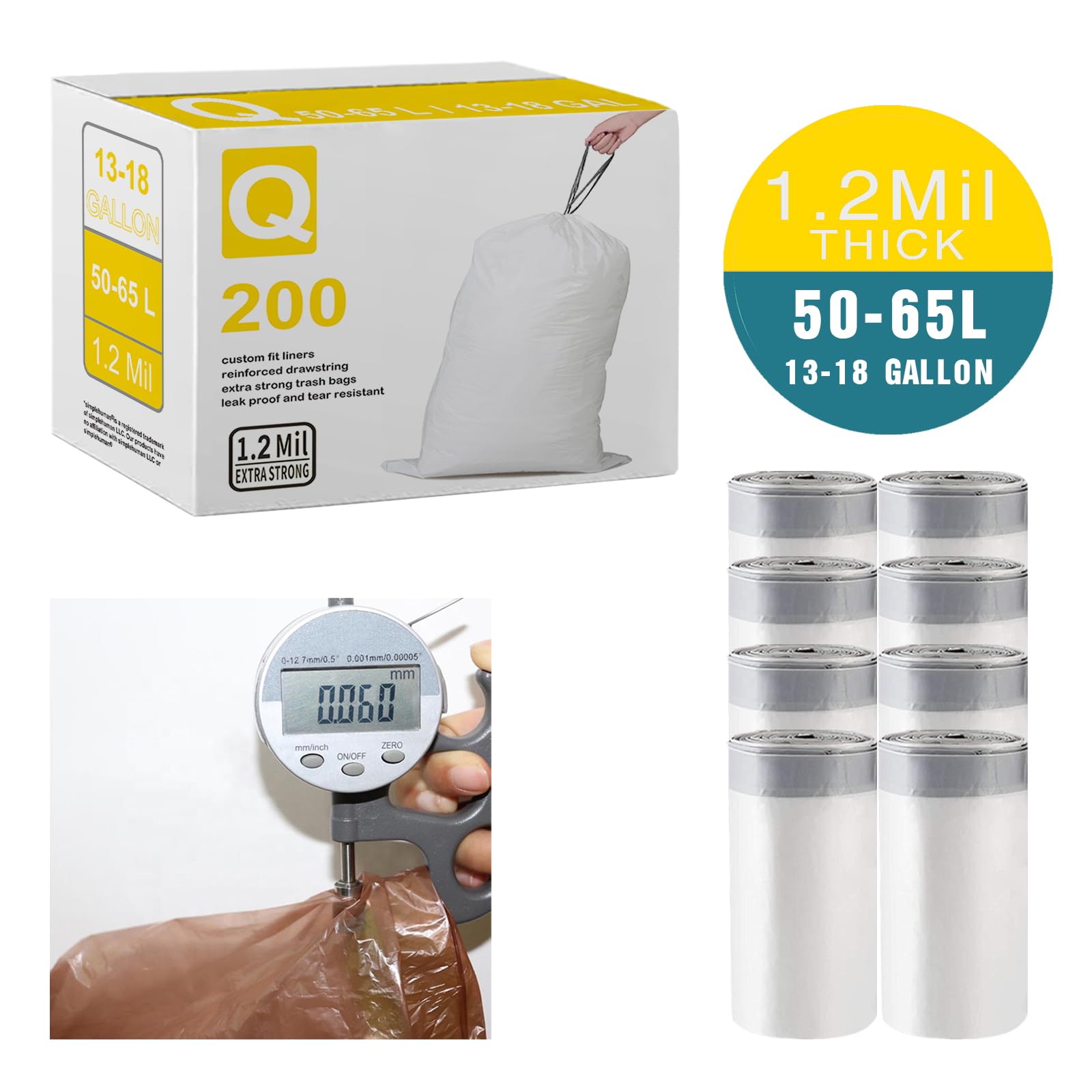 Code Q Heavy Duty Drawstring Trash Bags (200 Count) - 13-17 Gallon/40-65 Liter White Garbage Can Liners | 1.2 Mil Thick | Compatible with simplehuman Code Q | Perfect for Kitchen, Bathroom & Office Waste Bins