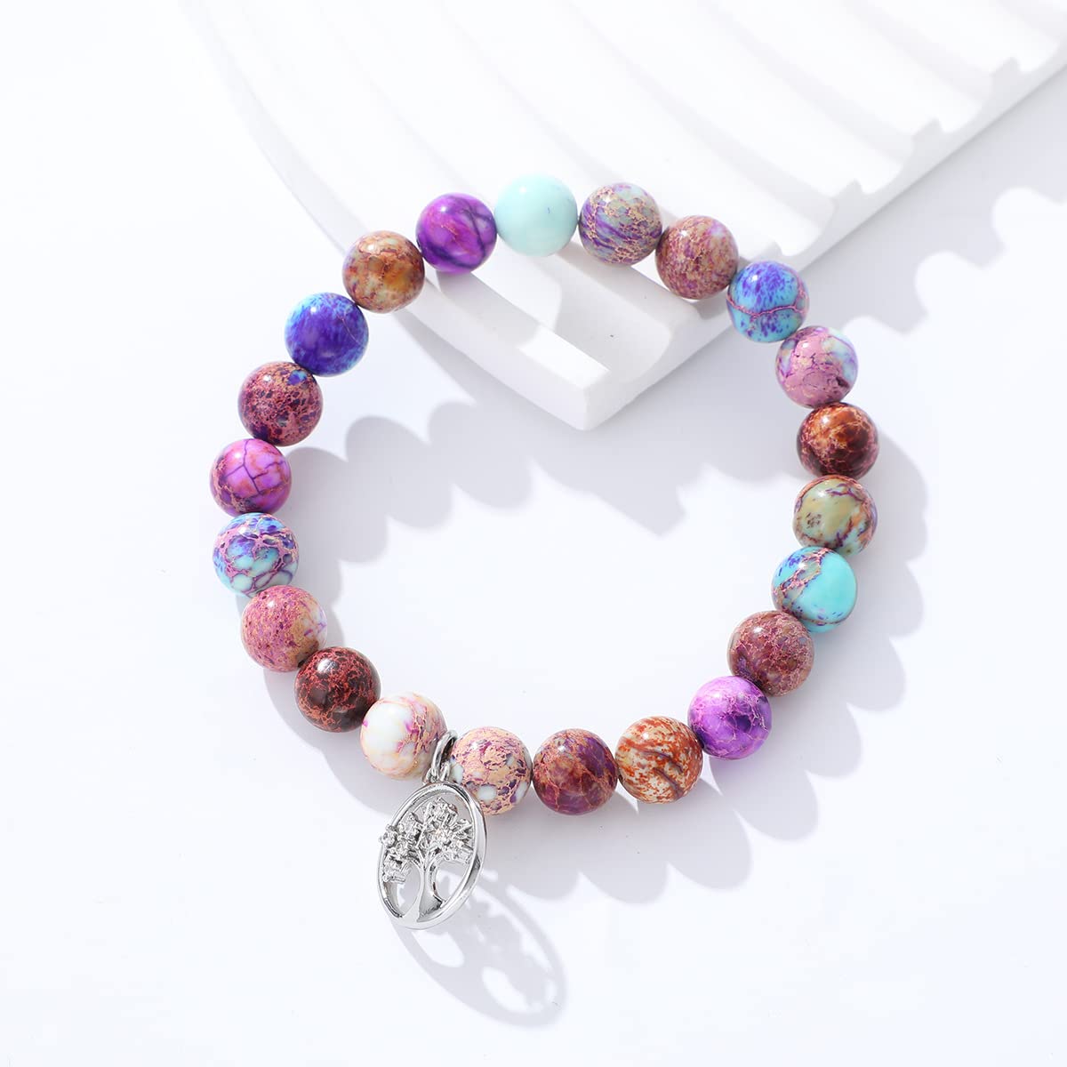 Teacher Bracelet Gift for Women - Natural Stone Jewelry with Apple Bee Charm for Graduation & Appreciation - Class of 2024