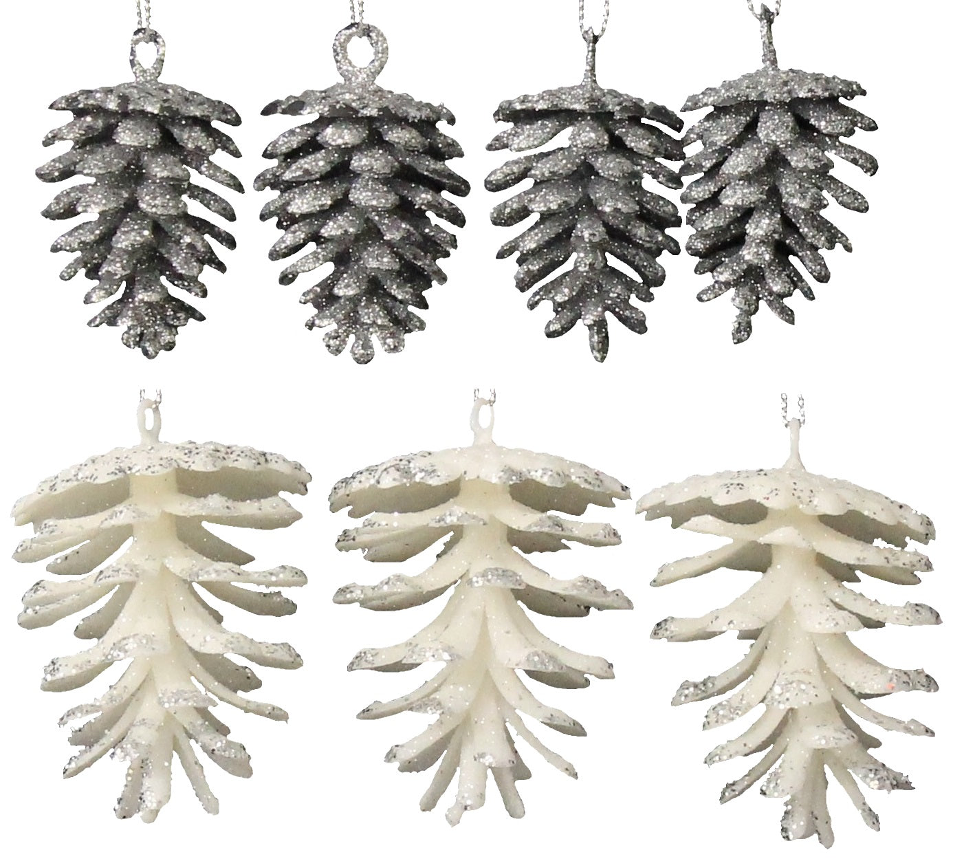 3 Pack/4 Pack Silver & White Glitter Pine Cone Ornaments - Christmas Tree Decorations, Holiday Party Decor, Winter Home Decor
