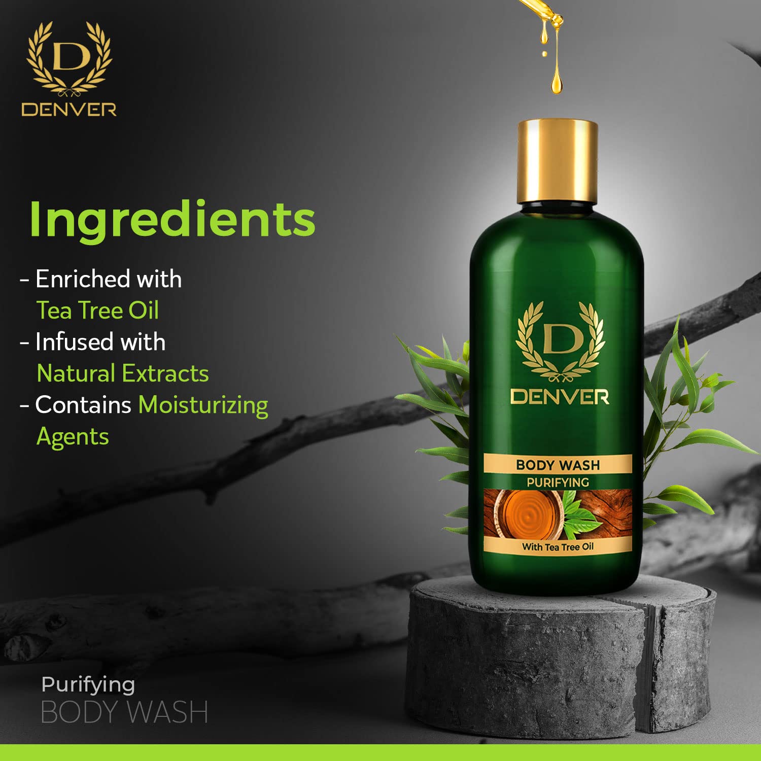 DENVER Purifying Body Wash with Tea Tree Oil - 325ML | Soap-Free Formula for Deep Cleansing | Men's Shower Gel for Acne-Prone & Oily Skin | Refreshing Bath Essential for Gym & Post-Workout Use