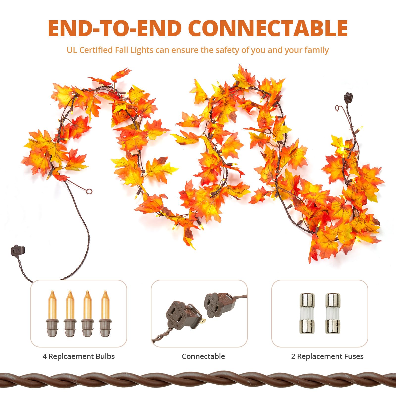 9FT Plug-in Thanksgiving Lights - 50 Bulbs Maple Leaves Fall Garland for Indoor & Outdoor Decor | Connectable Autumn Lighting for Halloween, Thanksgiving, Holiday Parties & Seasonal Home Decorations