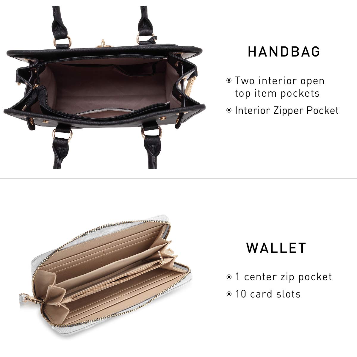 Dasein Vegan Leather Two-Tone Satchel Handbag for Women - Large Shoulder Tote Bag with Matching Wallet - Perfect for Work, Travel & Everyday Use