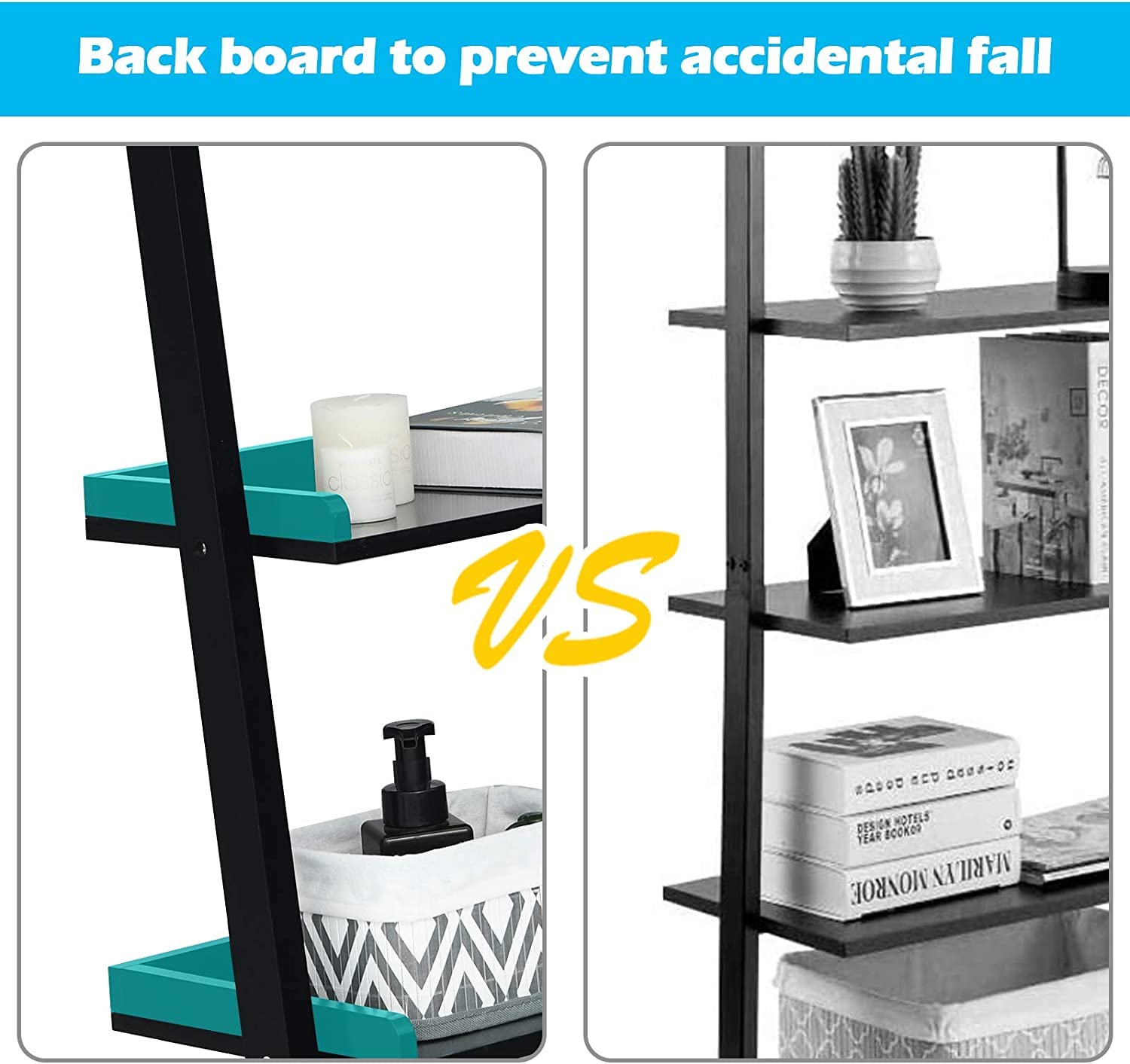 5-Tier Ladder Shelf - Rustic Wood Wall-Leaning Bookshelf & Storage Organizer for Living Room, Bathroom, Office - Perfect for Home Decor, Book Display & Space Saving (Black)
