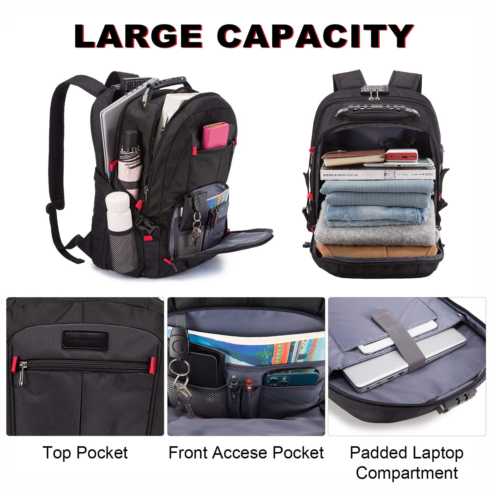 LOVEVOOK 18.4 Inch Large Heavy Duty Backpack for Men - Waterproof Travel Laptop Backpack with USB Charging Port - Big Capacity Business Work Backpack for Office, College & Commuting (Black)