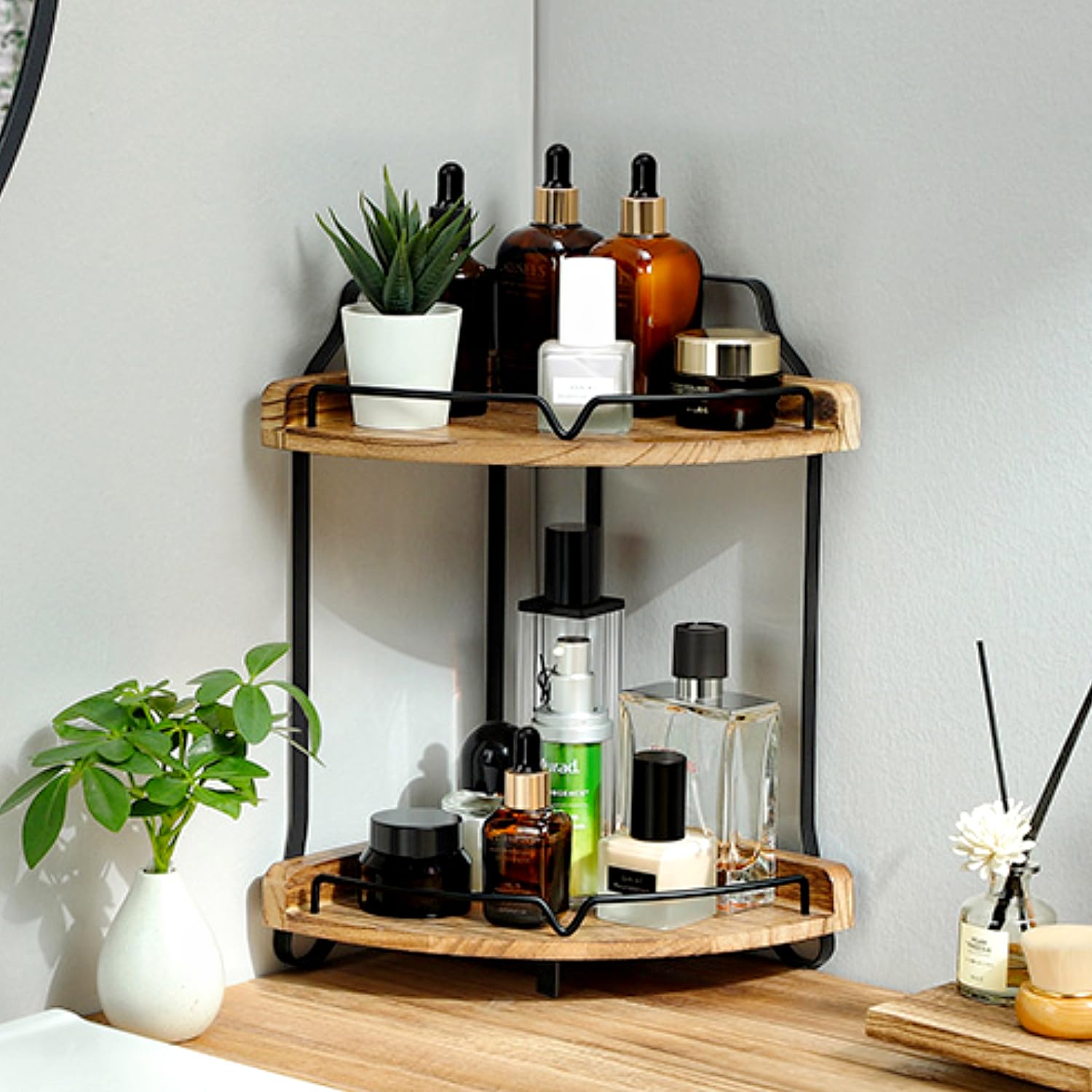 YIGII 2-Tier Wooden Bathroom Countertop Organizer - Space Saving Corner Makeup & Skincare Storage Stand for Vanity, Dresser, Bathroom Counter | Perfect for Cosmetics, Perfumes & Toiletries Organization