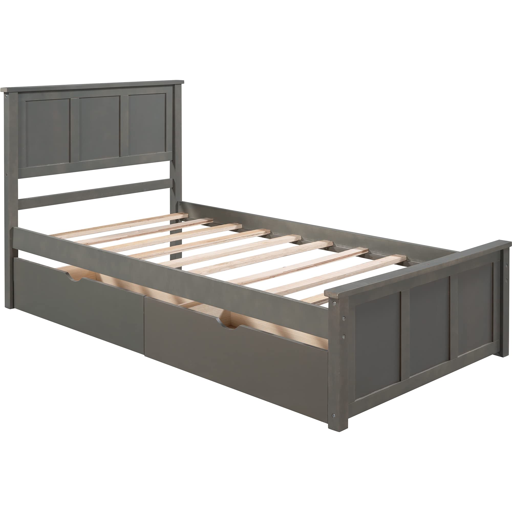 JINS&VICO Twin Size Solid Wood Platform Bed with 2 Storage Drawers - No Box Spring Needed - Captain Bed for Boys, Girls & Teens - Gray - Perfect for Small Bedrooms, Dorms & Kids' Rooms