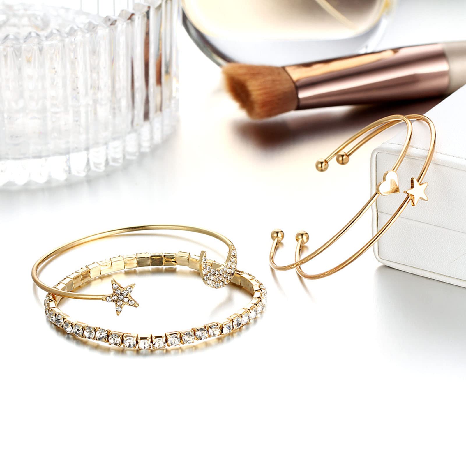Layered Moon Star Bracelet - Gold Rhinestone Tennis Chain Cuff Bracelet Set for Women, Vintage Crystal Hand Chain Jewelry, 4Pcs - Perfect for Parties, Weddings & Everyday Wear