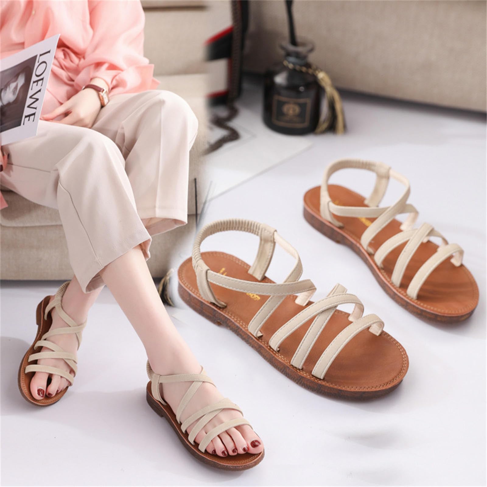 Oelaio Women's Summer Sandals - Comfortable Flat Roman Beach Shoes for Students & Casual Dressy Wear | Size 5.5 | Perfect for Beach Outings, Campus Walks & Summer Vacations