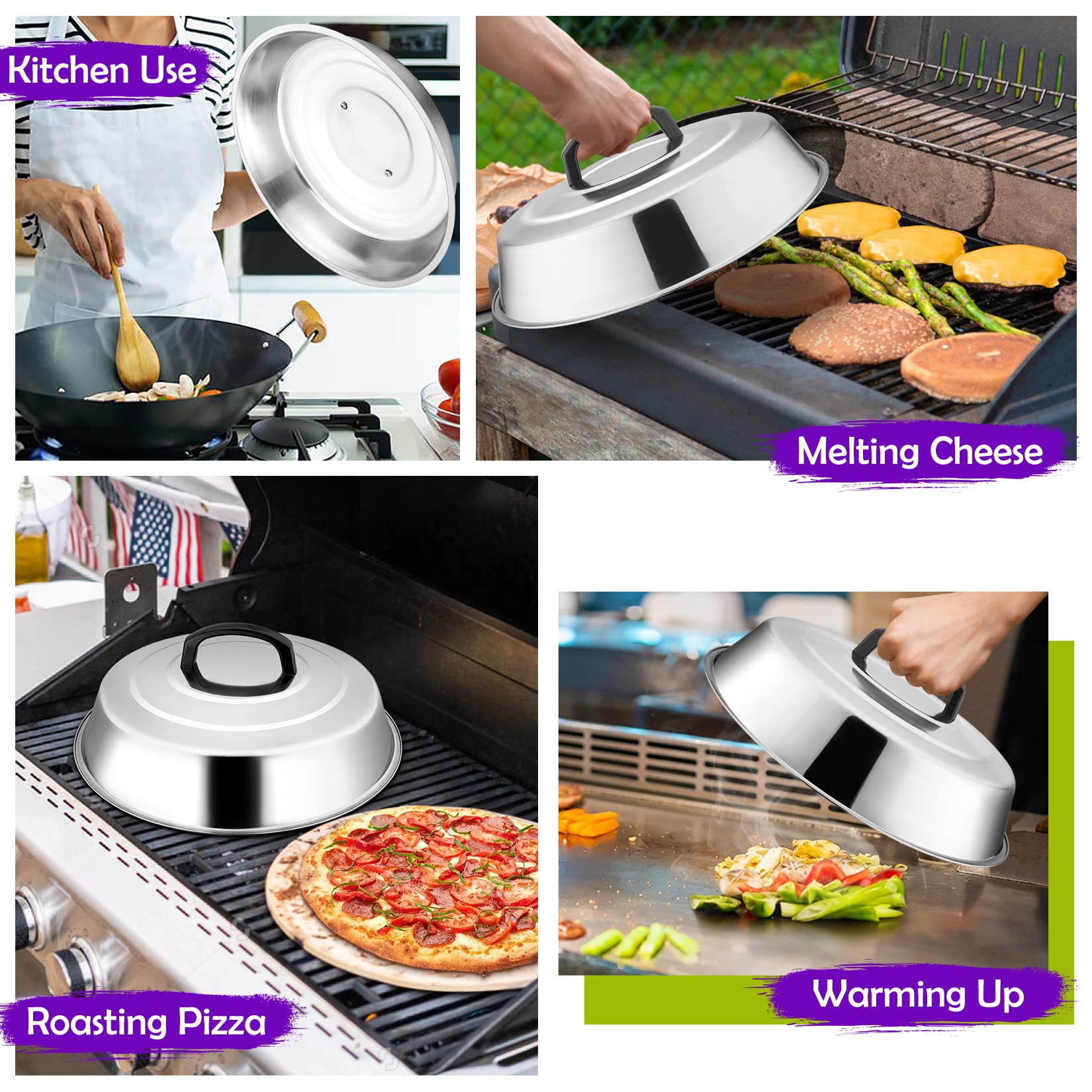 12 Inch Stainless Steel Cheese Melting Dome Set of 2 - Joyfair Basting Cover for Griddle, BBQ, Teppanyaki & Outdoor Camping - Heat-Resistant Handle & Dishwasher Safe - Perfect for Burgers, Steaks & Pancakes