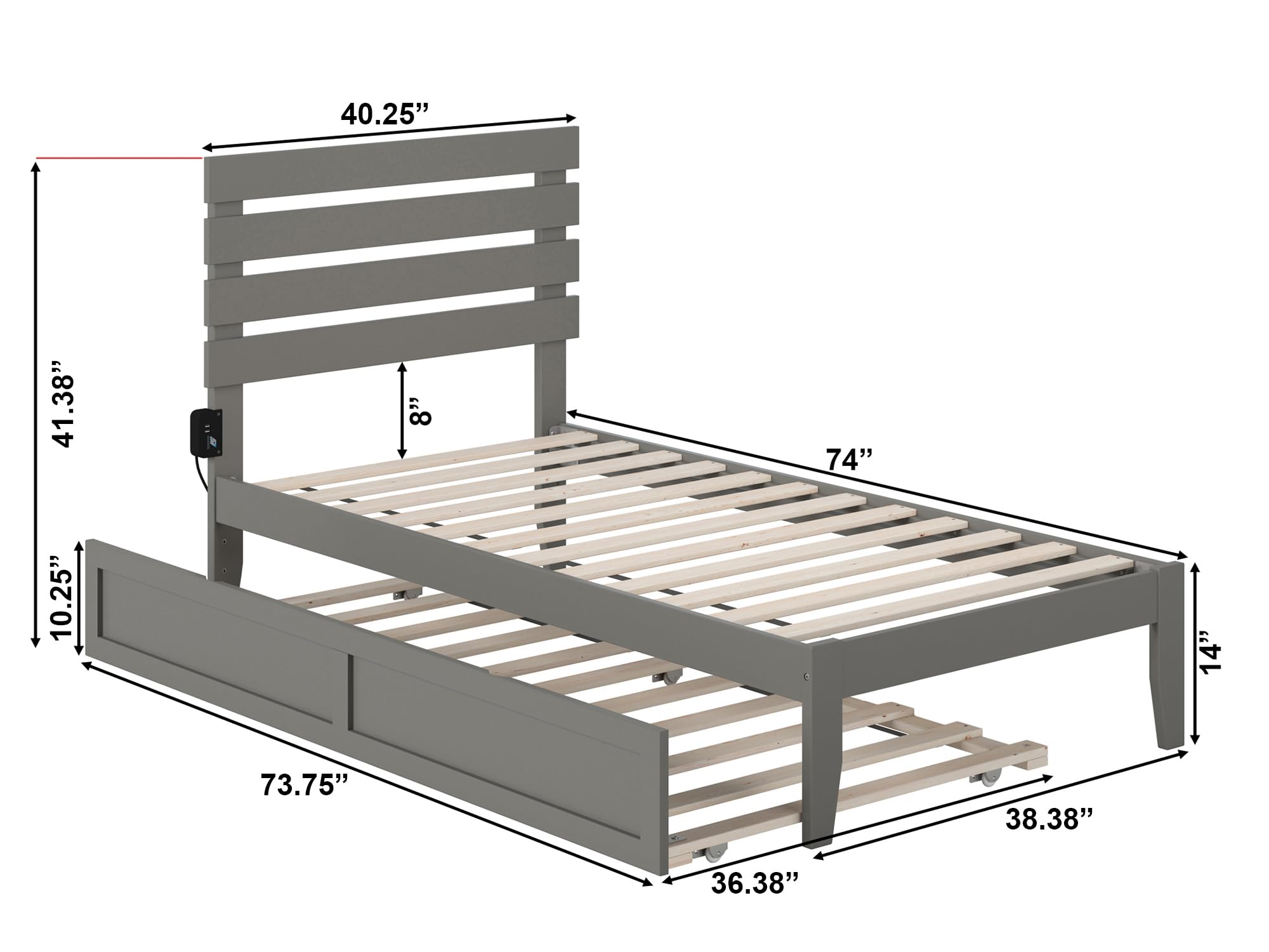 AFI Oxford Platform Bed Frame with Twin Trundle and USB Charging Port - Gray Wooden Bed for Small Spaces, Guest Room & Kids Bedroom