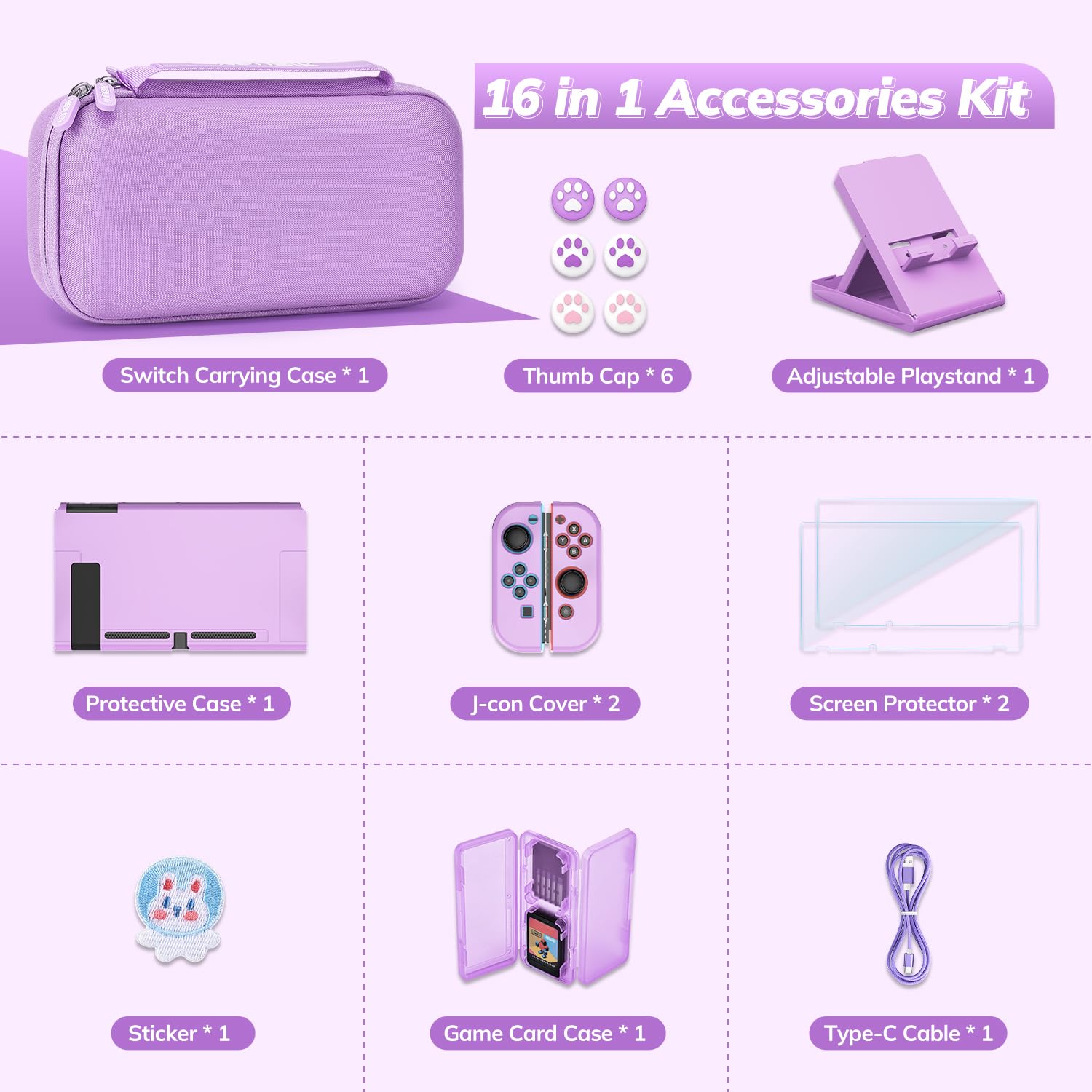 16-in-1 Nintendo Switch Carrying Case with Accessories - Purple Protective Travel Case for Original Switch Model - Perfect for Gaming On-The-Go