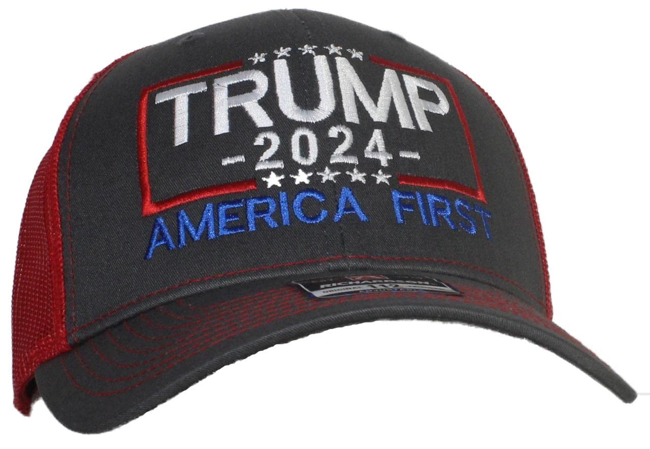 Trump 2024 America First Embroidered Trucker Hat for Adults - Patriotic 6-Panel Baseball Cap for Political Rallies, Outdoor Events & Casual Wear