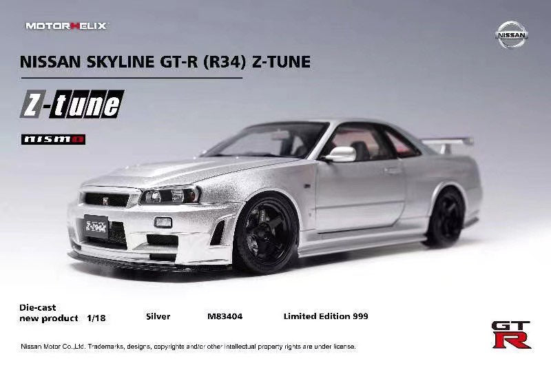 MOTORHELIX 1:18 Scale Nissan Skyline GT-R R34 Z-Tune Diecast Model Car - Premium Silver Collectible for Display & Racing Enthusiasts - Perfect for Home Office Decor, Car Shows & Gift Giving
