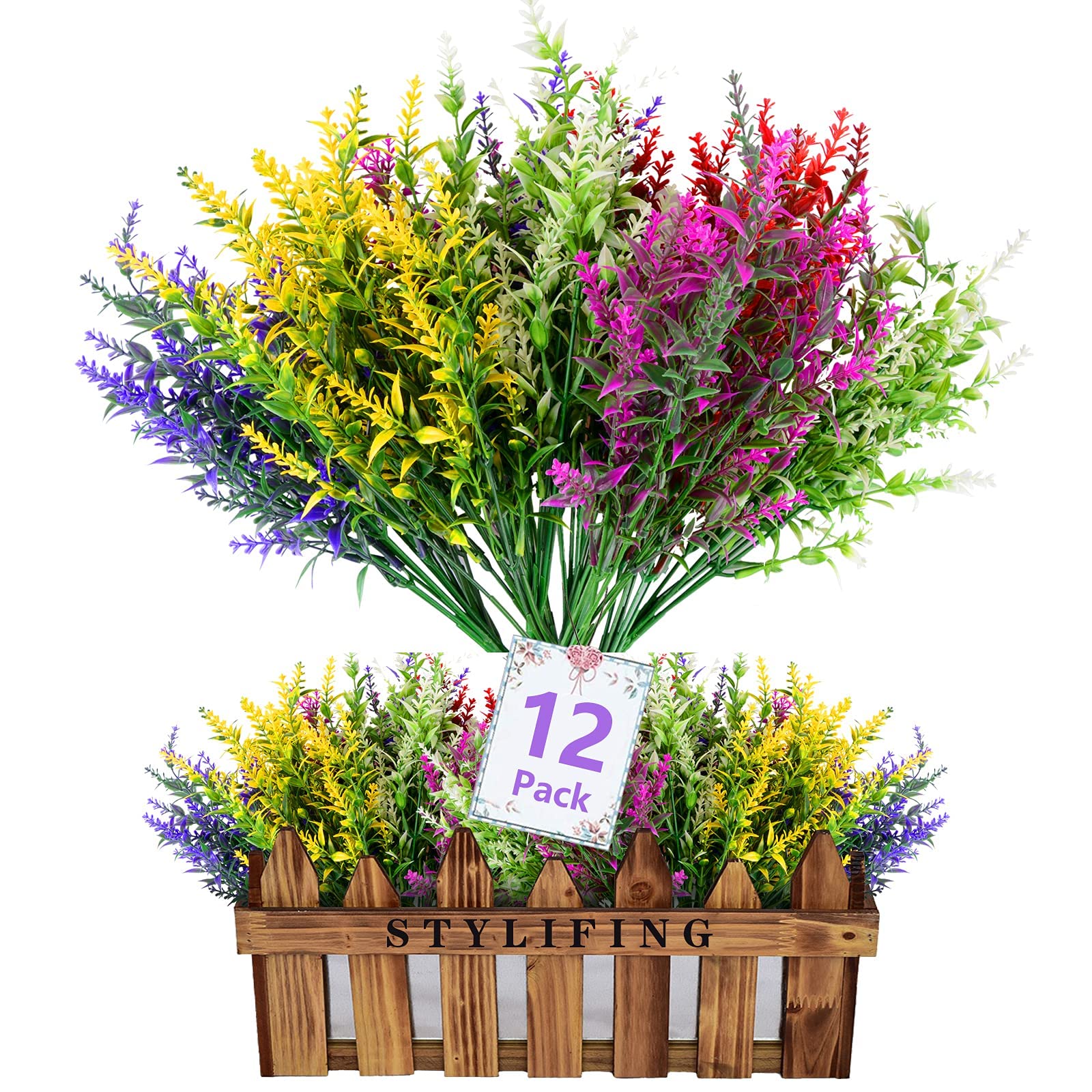 STYLIFING 12 Bundles UV Resistant Artificial Flowers - Fade Proof Outdoor Fake Lavender Plants for Garden, Porch & Window Box Decor - Perfect for Home, Wedding & Party Decoration