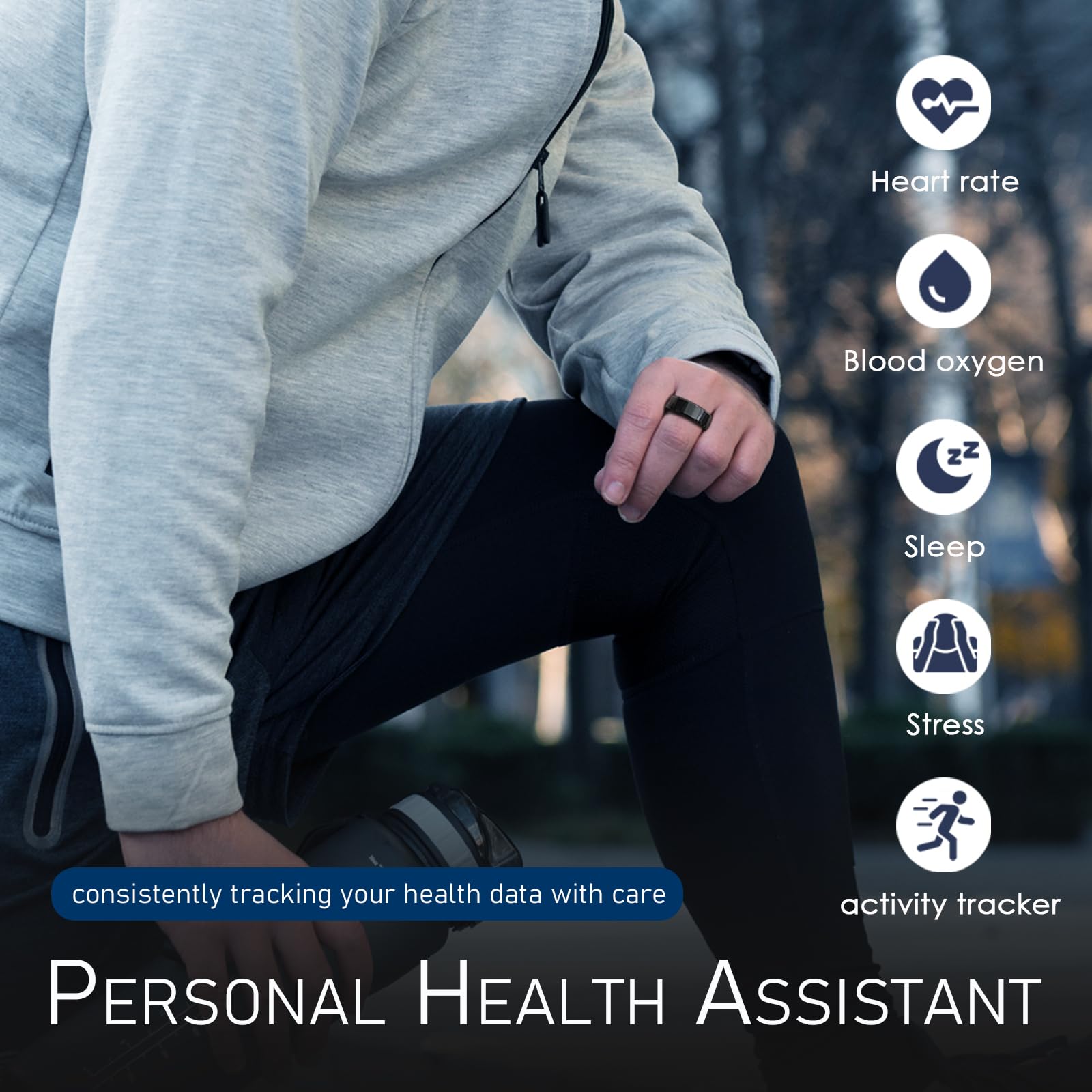 Smart Fitness Ring Tracker for Men & Women - Heart Rate, Blood Oxygen, Sleep Monitor - Step Counter, Calorie & Distance Tracking - Compatible with Android & iOS (Black) - Perfect for Running, Gym & Daily Activity Tracking