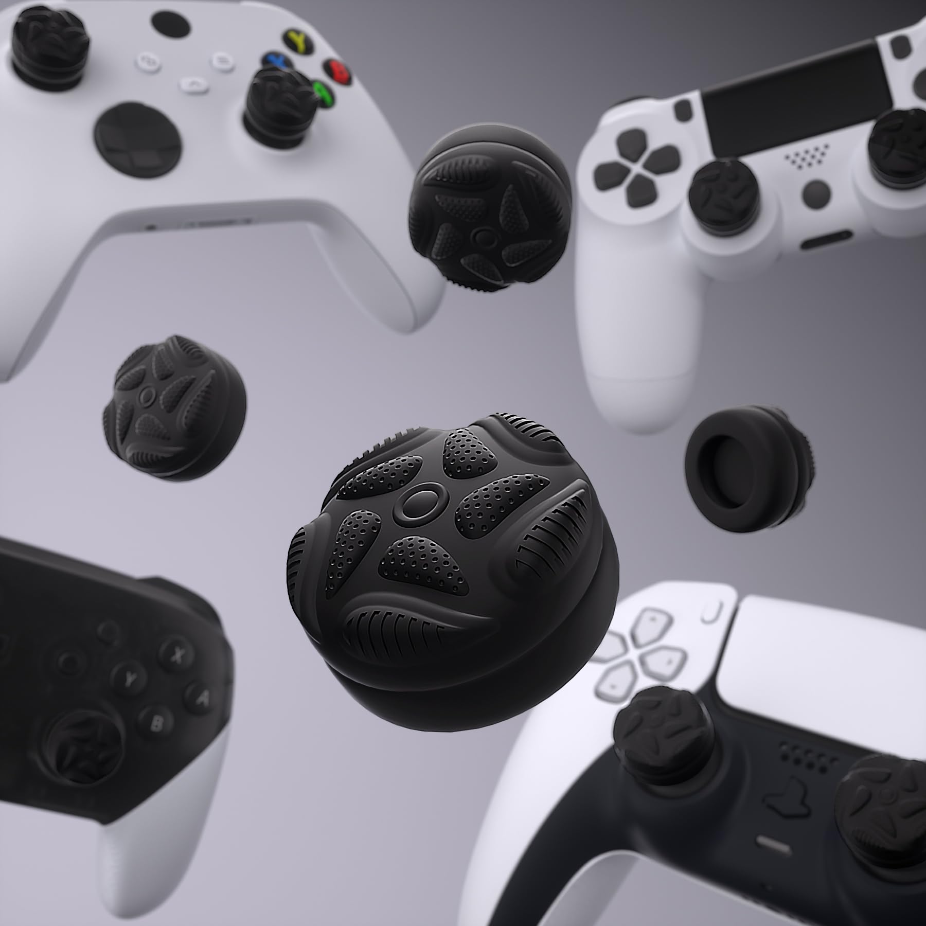 PlayVital Thumb Grip Caps for PS5/PS4/Xbox Series X|S/Xbox One/Elite Series 2/Nintendo Switch Pro Controller - Black - Ergonomic Joystick Covers for Enhanced Gaming Comfort & Precision (Perfect for FPS, Racing & Long Gaming Sessions)