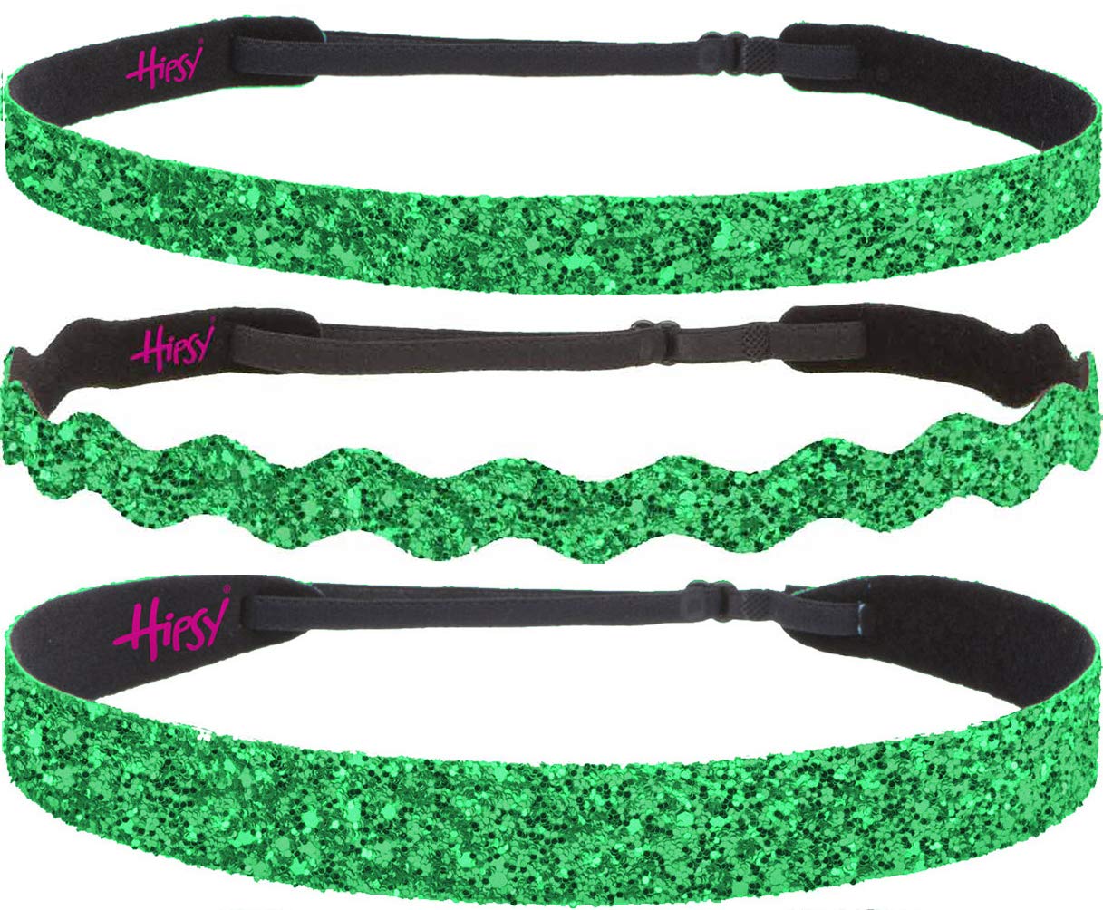 Sparkly Bling Adjustable No-Slip Headbands for Women, Girls & Teens - 3 Pack Mixed Glitter Green - Perfect for Sports, Workouts, School & Everyday Fashion