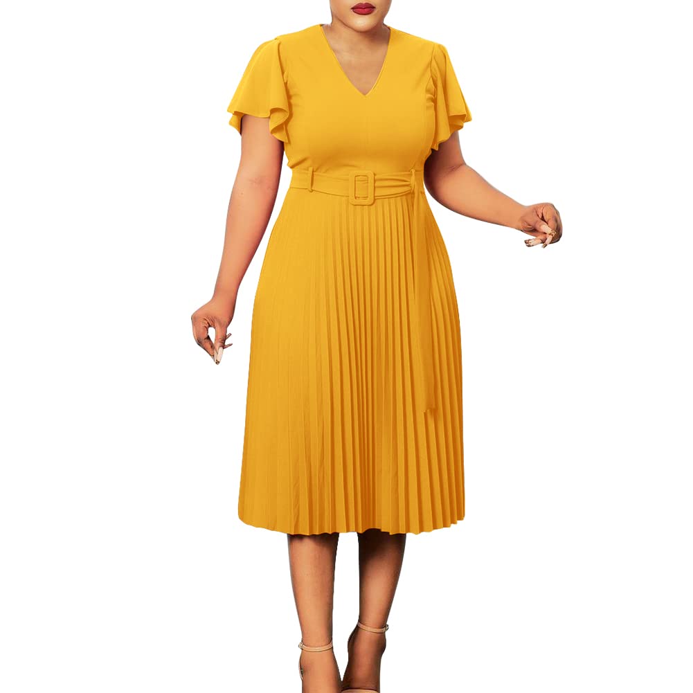 Elegant V-Neck Ruffle Sleeve Pleated Maxi Dress for Women - Plus Size Wedding Guest Dress S-3XL | Perfect for Mother's Day, Bridal Shower & Formal Occasions