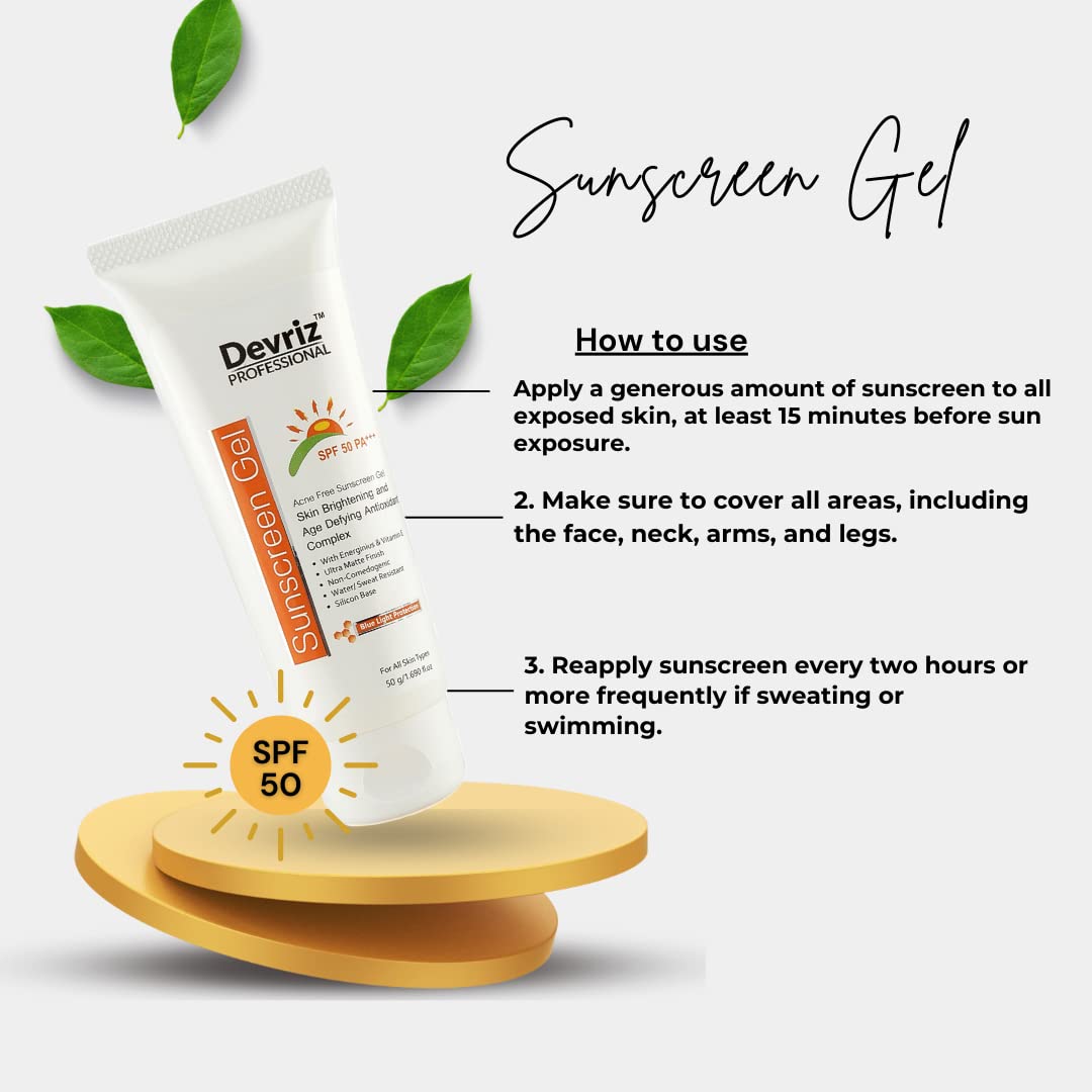 Devriz SPF 50 Sunscreen Gel with Vitamin E - Brightens Skin, Prevents Acne & Provides UVA/UVB Protection for Men & Women | Daily Face & Body Sun Protection for Beach, Outdoor & Sports Activities