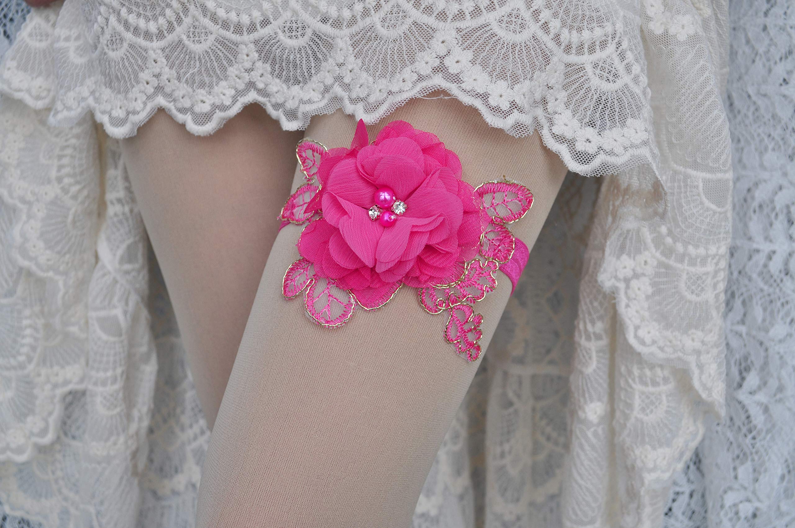Elegant Wedding Garter for Bride - Pearl Embellished Bridal Garter Set, Single Garter for Weddings, Halloween & Special Occasions (Hot Pink) - Perfect for Bridal Showers, Bachelorette Parties & Photo Shoots