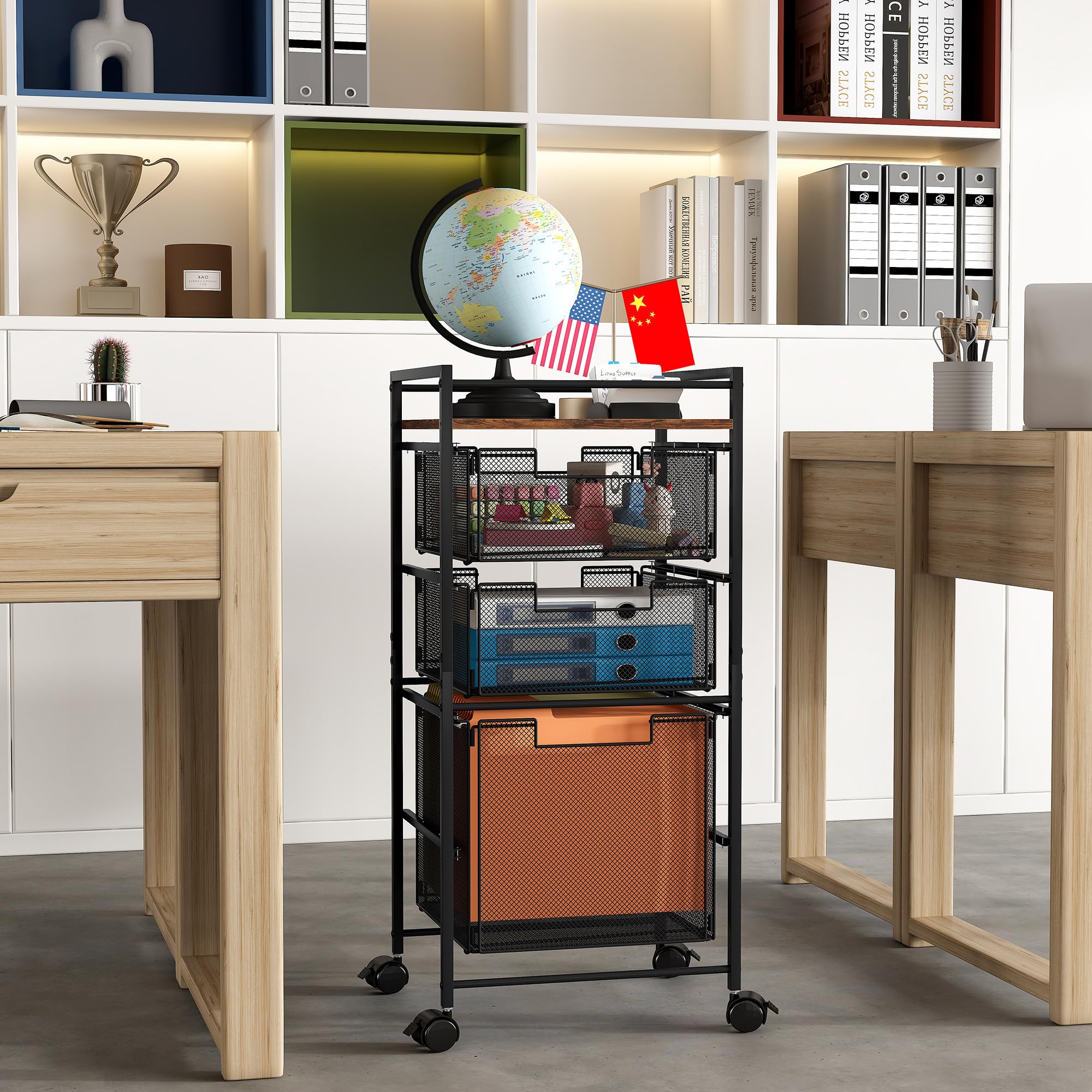 EasyPAG Rolling File Cabinet - Mobile Metal File Organizer Storage Cart with 4 Swivel Casters & Removable Drawers (1 File + 2 Small Drawers) - Black | Perfect for Office, Home, or Classroom Document Organization