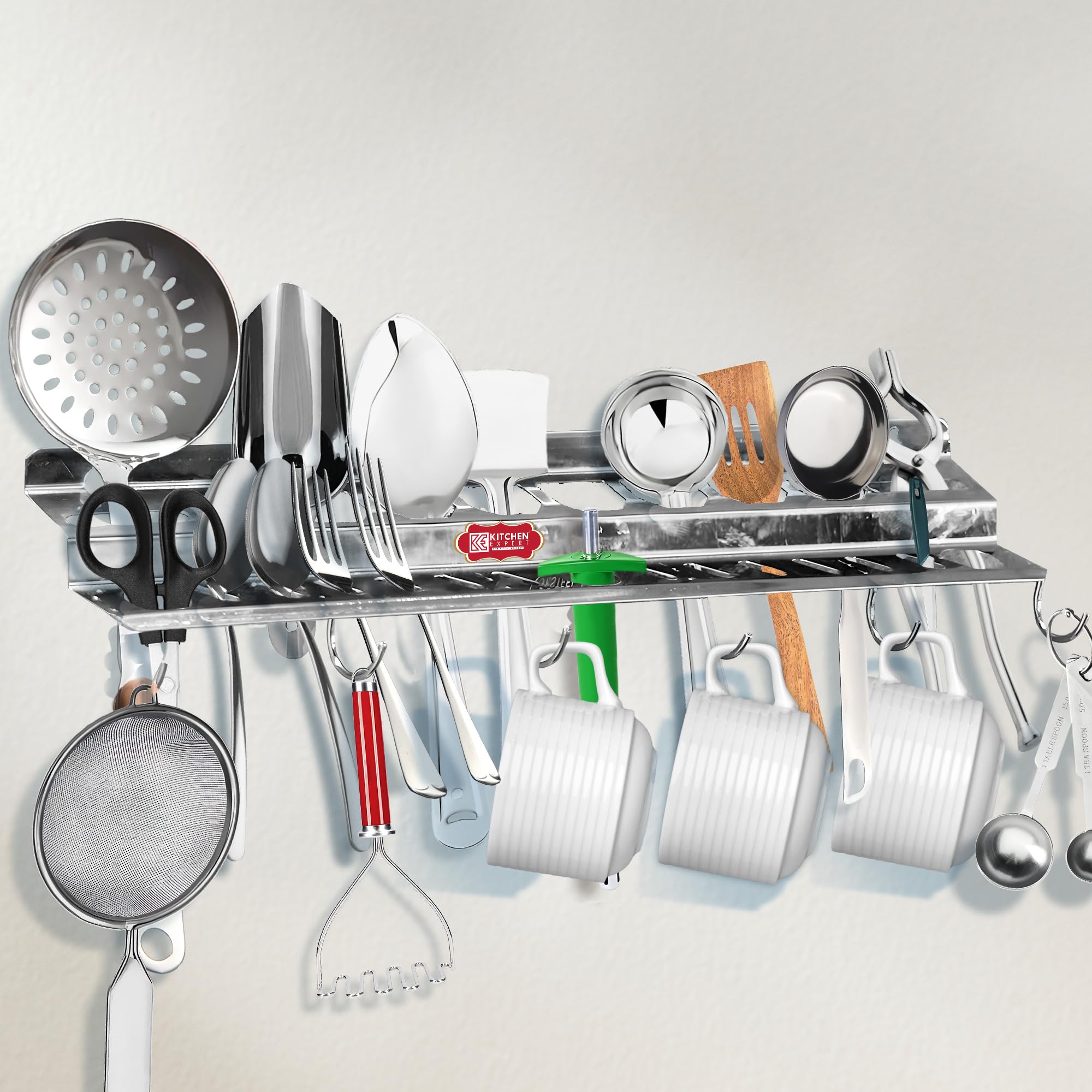 Stainless Steel Kitchen Spoon Holder - Wall Mounted Cutlery Organizer with Hooks for Spoons, Ladles & Utensils - Space Saving Kitchen Storage Solution for Small Spaces & Organized Cooking