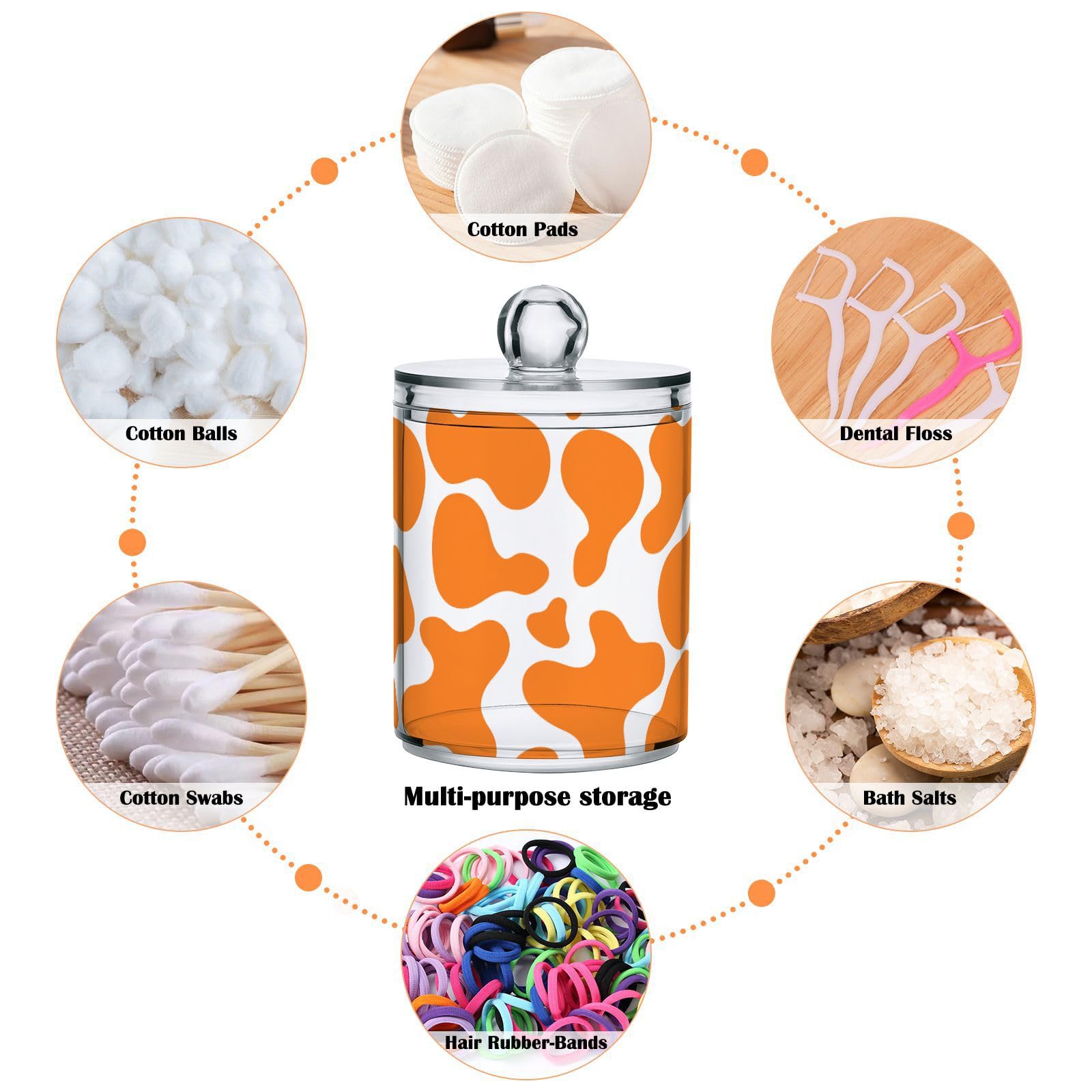 2 Pack Cow Print Orange Plastic Qtips Holder & Bathroom Organizer - Storage Canisters for Cotton Balls, Swabs, Pads, Floss - Plastic Apothecary Jars for Vanity Countertop & Makeup Table Organization (Perfect for Bathroom, Bedroom, Salon Decor)