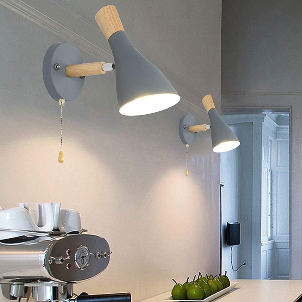Nordic Modern Adjustable Wall Lamp with Iron and Wood Shade - Pull Chain Switch Wall Sconce for Bedroom, Study, Living Room - Gray Finish | Perfect for Ambient Lighting & Home Decor