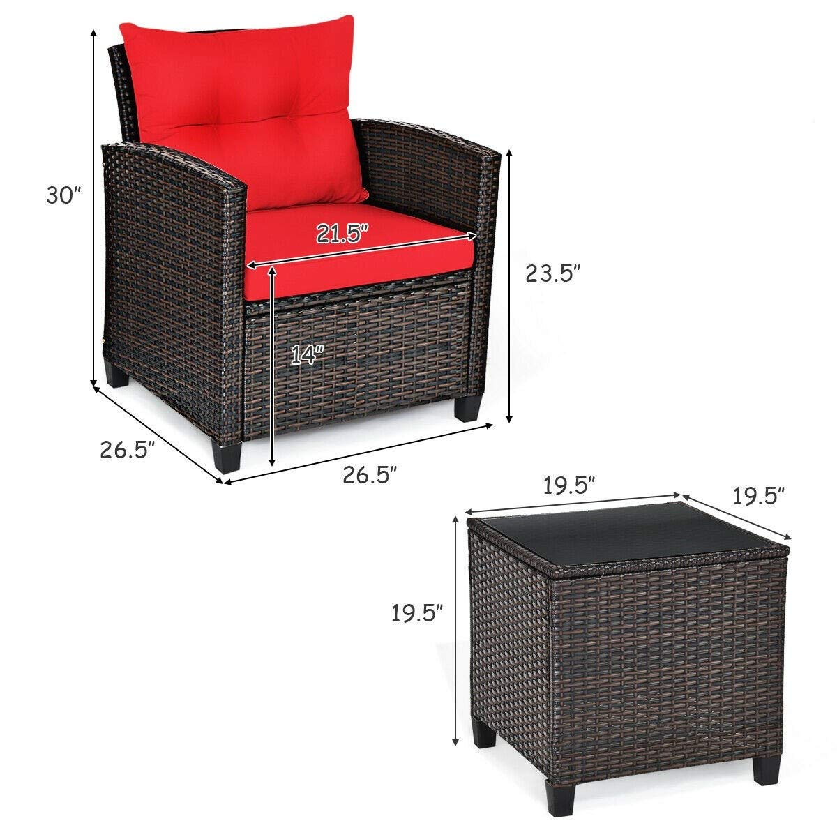 3-Piece Red Outdoor Patio Conversation Set with 2 Rattan Chairs & 1 Tempered Glass Coffee Table - Soft Cushions Included - Perfect for Backyard, Deck, Balcony, Poolside & Outdoor Living Spaces