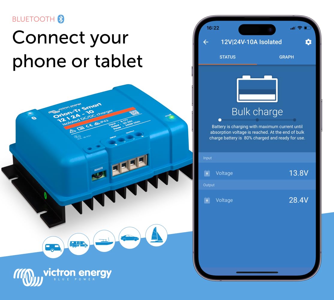 Victron Energy Orion-Tr Smart DC to DC Charger with Bluetooth - 12V/24V 10A 240W Isolated Battery Charger for Dual Battery Systems - Perfect for RVs, Boats & Off-Grid Power Solutions