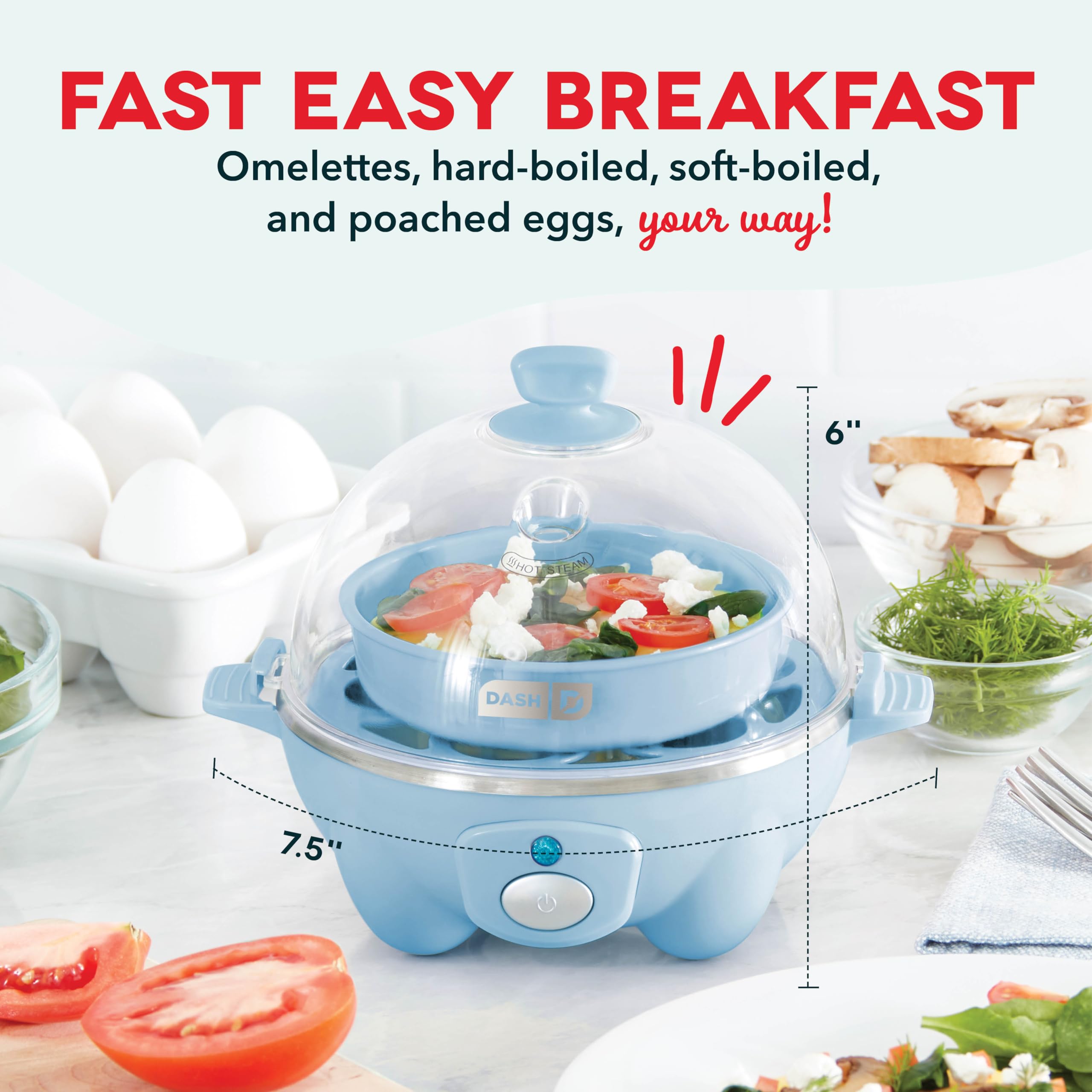 DASH Rapid Egg Cooker: Electric Egg Cooker for Hard Boiled, Poached, Scrambled Eggs & Omelets - 6 Egg Capacity, Auto Shut Off - Perfect for Breakfast, Meal Prep & Keto Diet - Dream Blue