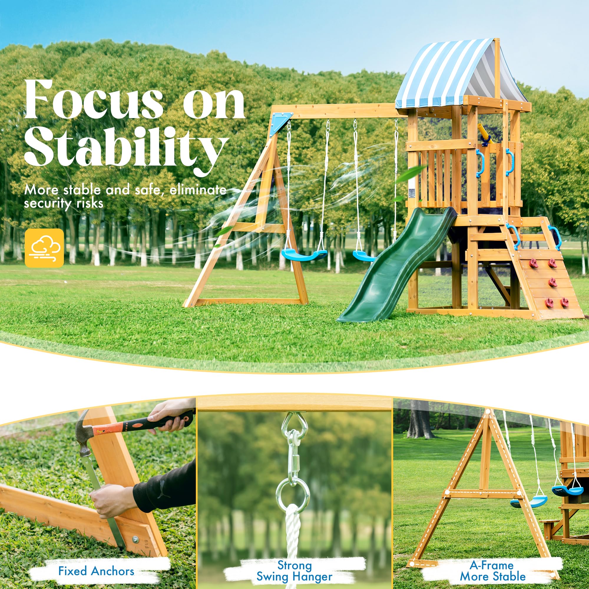 ROBOTIME All-in-One Wooden Swing Set for Backyard - Outdoor Play Equipment with Swings, Slide & Climbing Rope Ladder - Durable Kids Swing Playset for Ages 3-10 - Perfect for Backyard Fun, Playground & Outdoor Activities