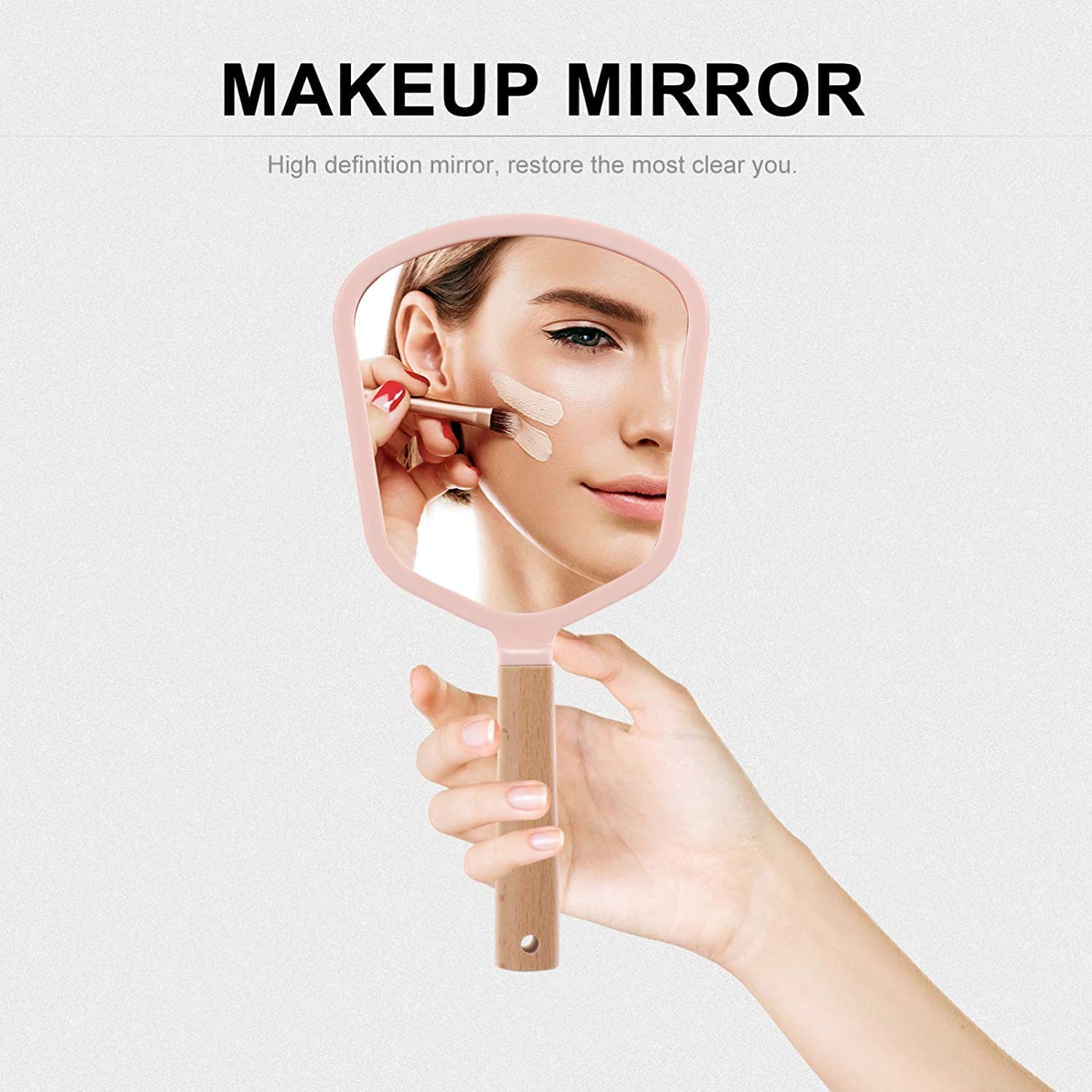 SVShoperzone Fan Shape Wooden Handle Mirror - Portable Handheld Mirror for Shaving, Makeup & Grooming - Modern Beauty Travel Mirror with Hanging Hole - Perfect for Home, Travel & Salon Use