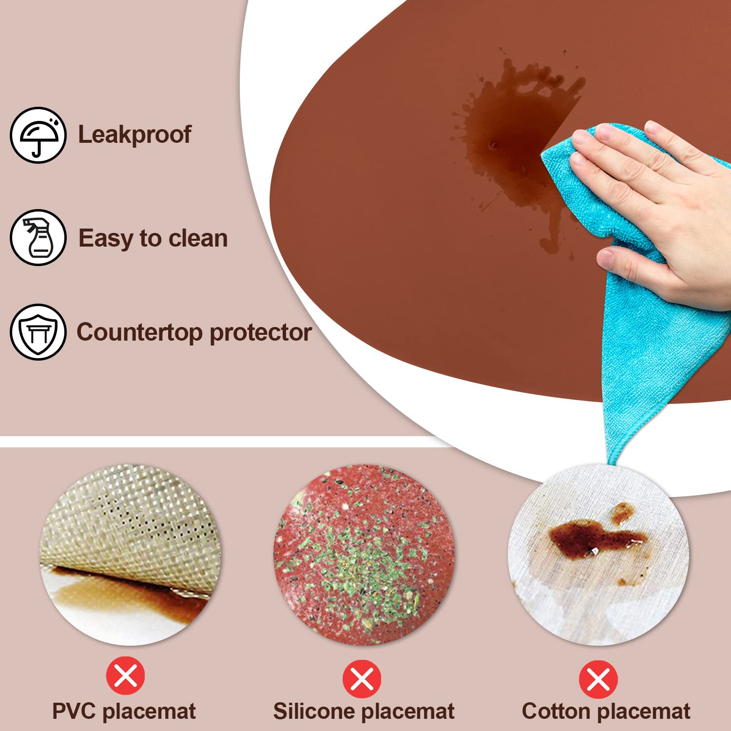Waterproof Leather Round Placemats Set of 4 - Wipeable & Washable Modern Dining Table Mats for Kitchen, Coffee Table - Brown | Perfect for Everyday Meals, Dinner Parties & Home Decor