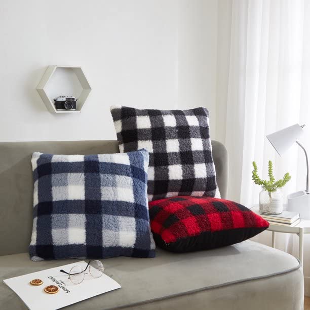 Pop Shop Sherpa Decorative Pillow 18x18 Inches - Soft Buffalo Plaid Throw Pillow for Couch, Bed, Sofa - Cozy Home Decor for Living Room & Bedroom
