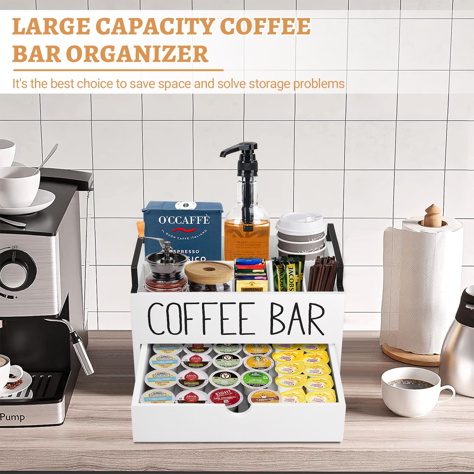 Wooden Coffee Station Organizer with Drawer - Farmhouse Style K-Cup Pod Holder & Storage Box with Handle - Perfect for Coffee Bar Decor & Kitchen Counter Organization - Ideal for Home, Office, or Cafe Use