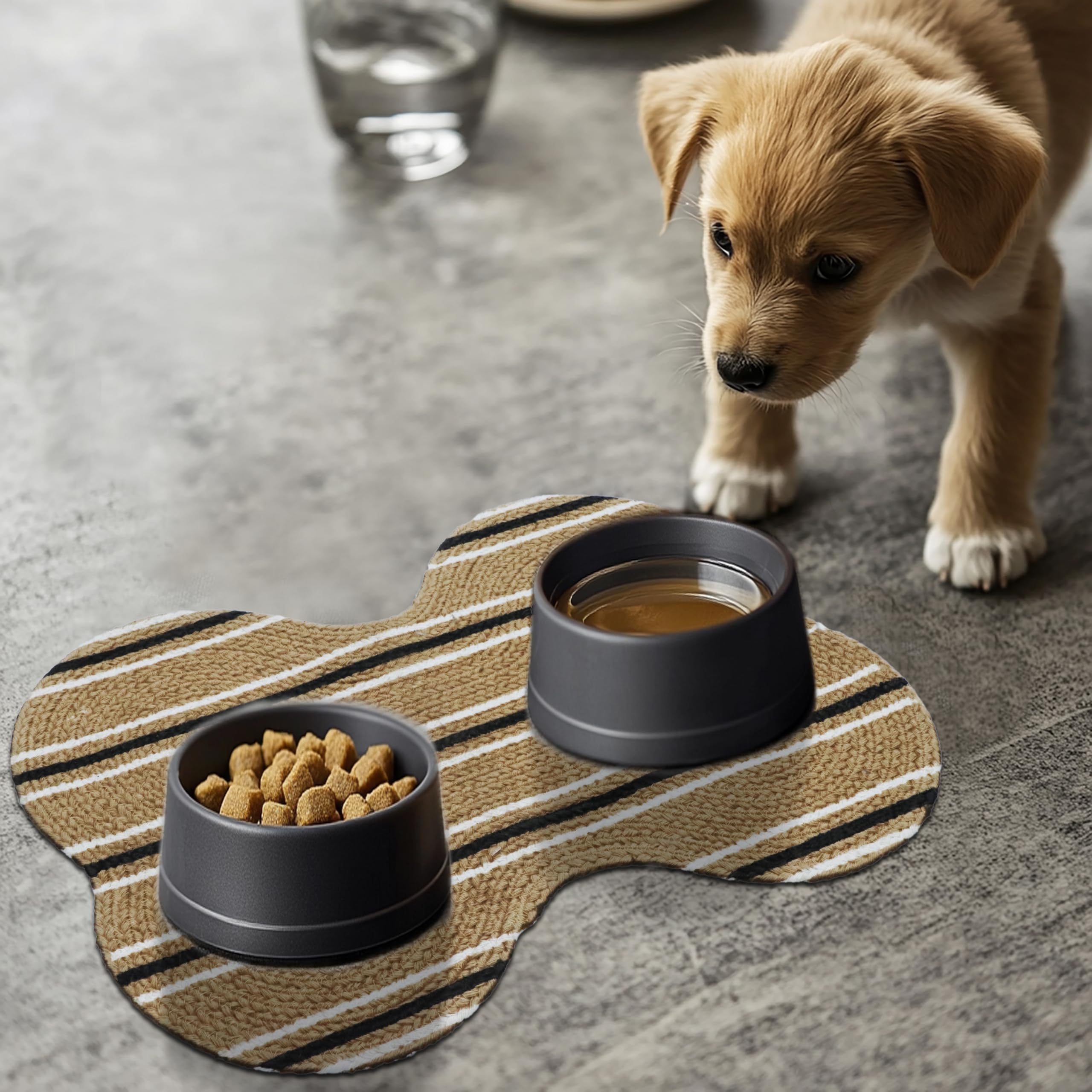 **Cotton Craft Pet Feeding Mat - Absorbent Quick Dry Dog Food & Water Bowl Mat - Bone Shape Paw Wiping Mat for Sofa & Bed - 12x17 Inches Natural Stripe - Ideal for Messy Eaters & Easy Cleanup**