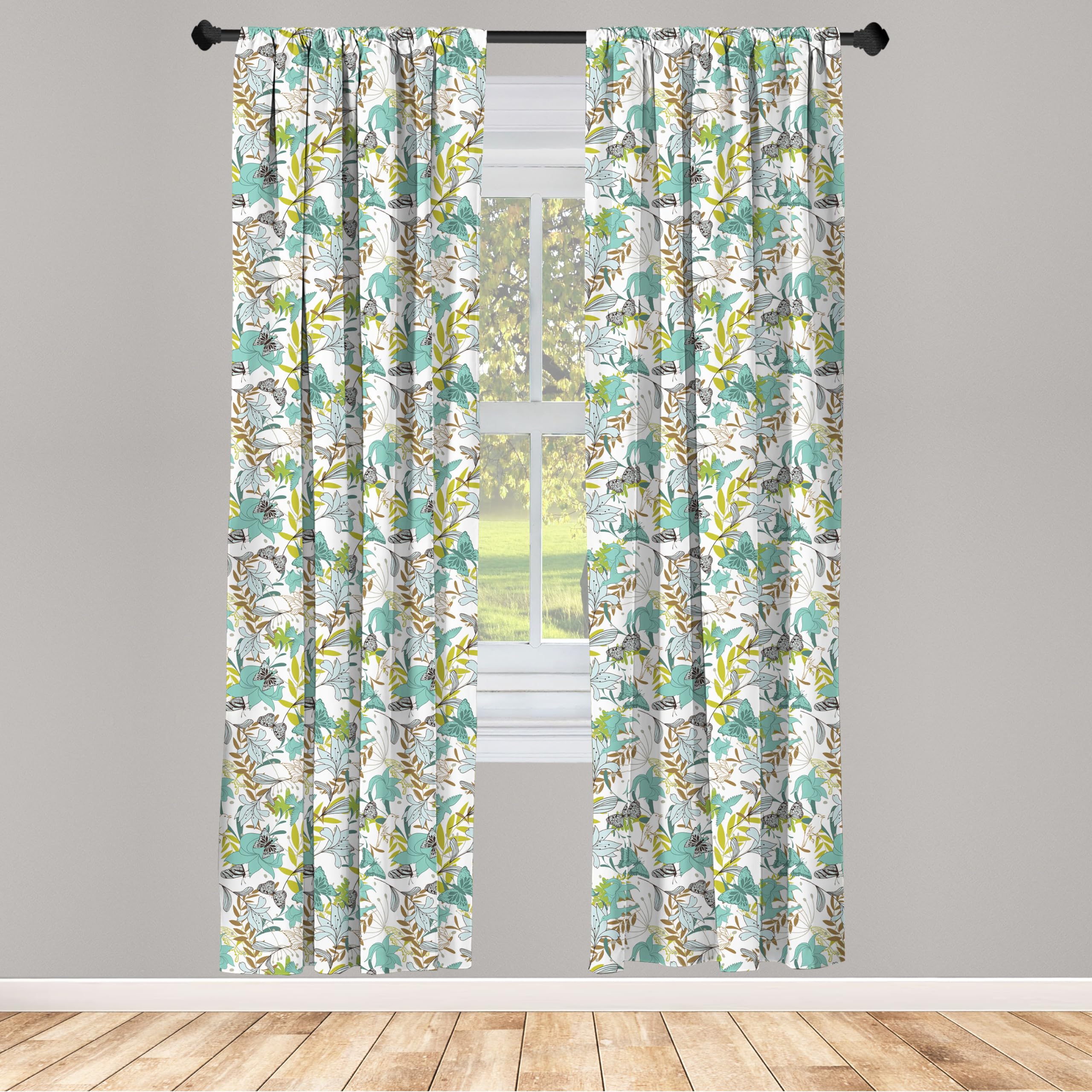 Ambesonne Floral Window Curtains with Flying Birds & Butterflies - Wildflower Nature Design Lightweight Decor 2-Panel Set (28