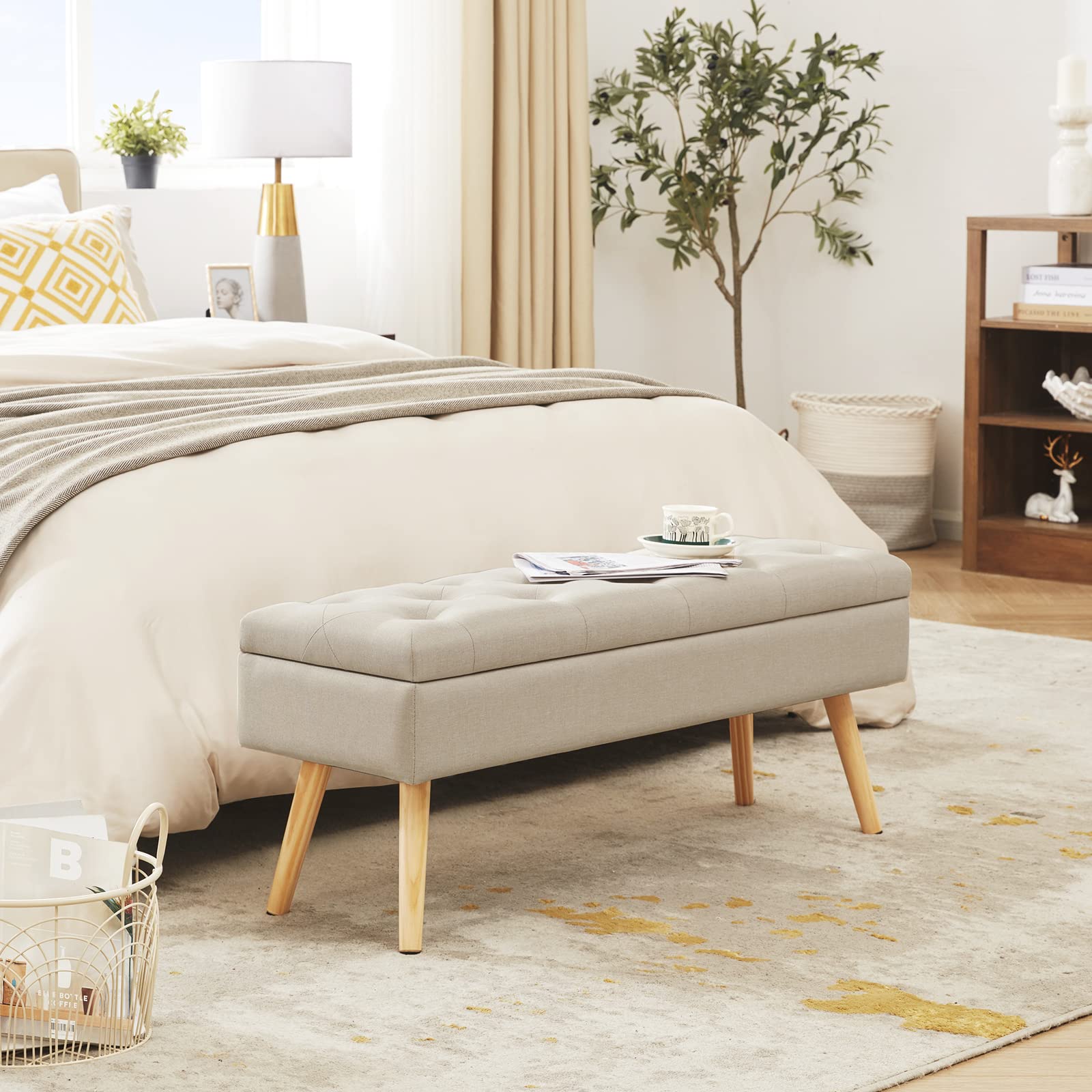 Modern Upholstered Storage Bench with Wooden Legs - 40